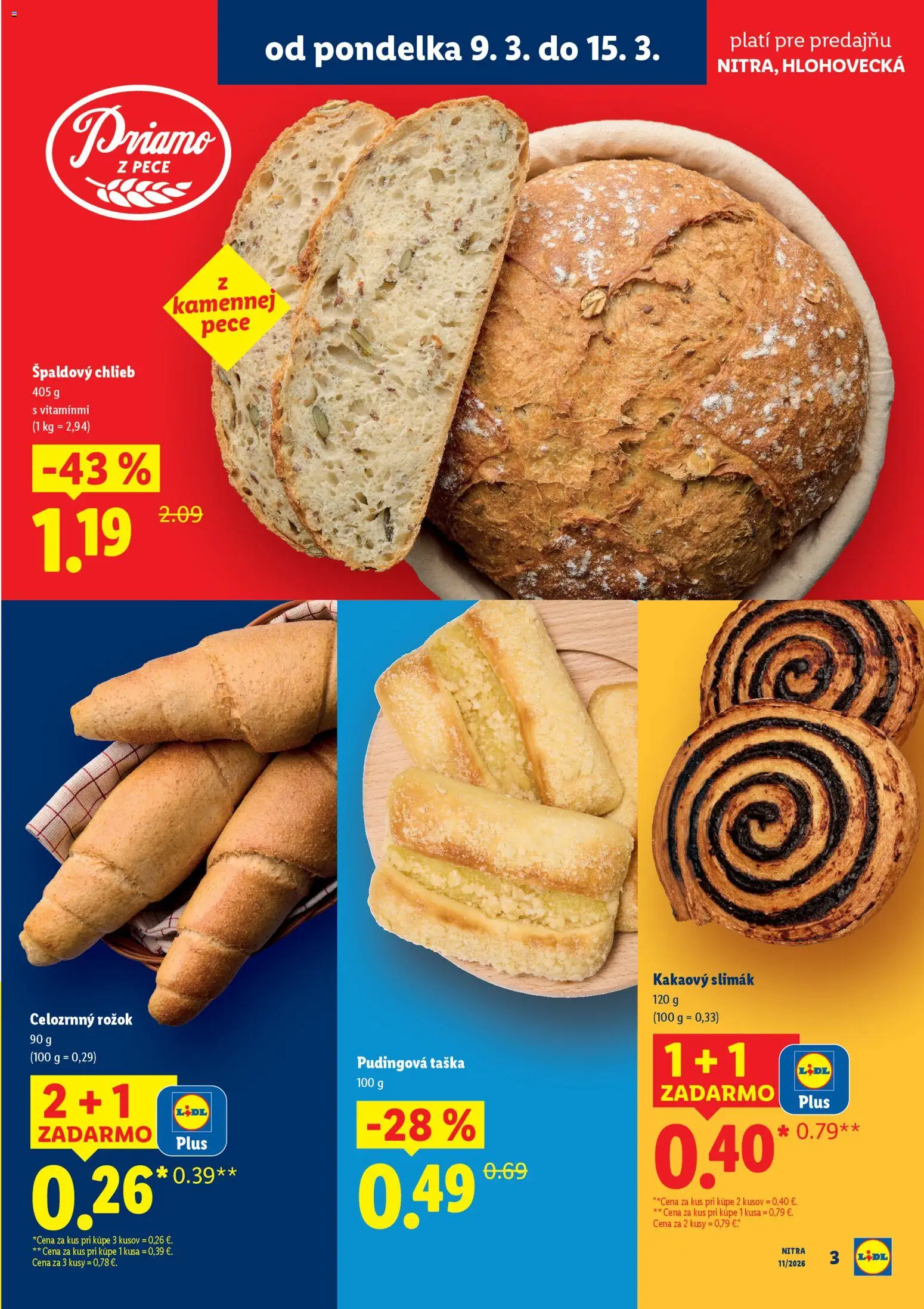 Nové Lidl akcie – leták je platný od 09.03.2026 | Strana: 3 | Produkty: Chlieb, Rožok, Taška