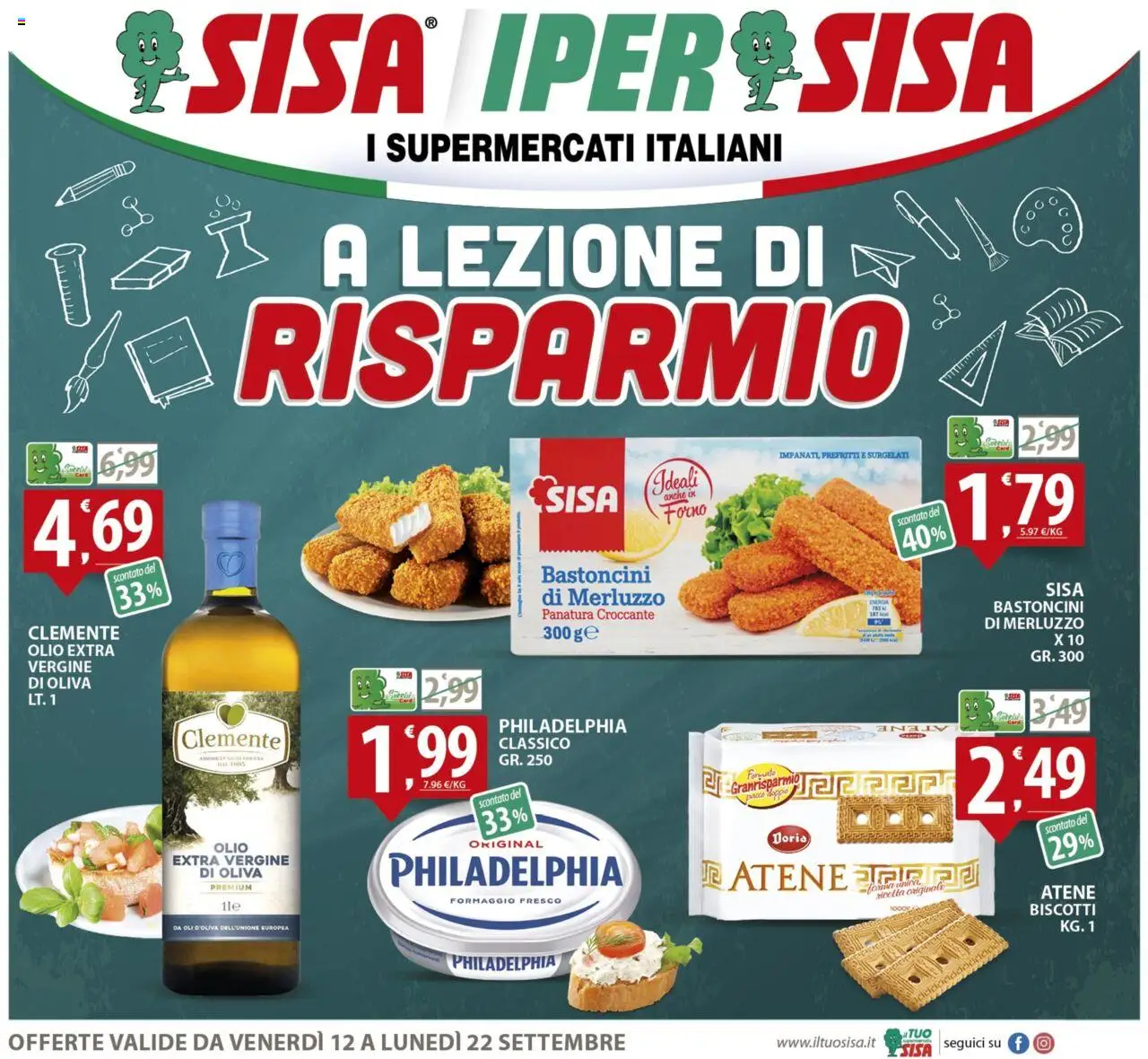 Volantino SISA del 12.09.2025 | Pagina: 1 | Prodotti: Merluzzo, Biscotti, Olio, Forno