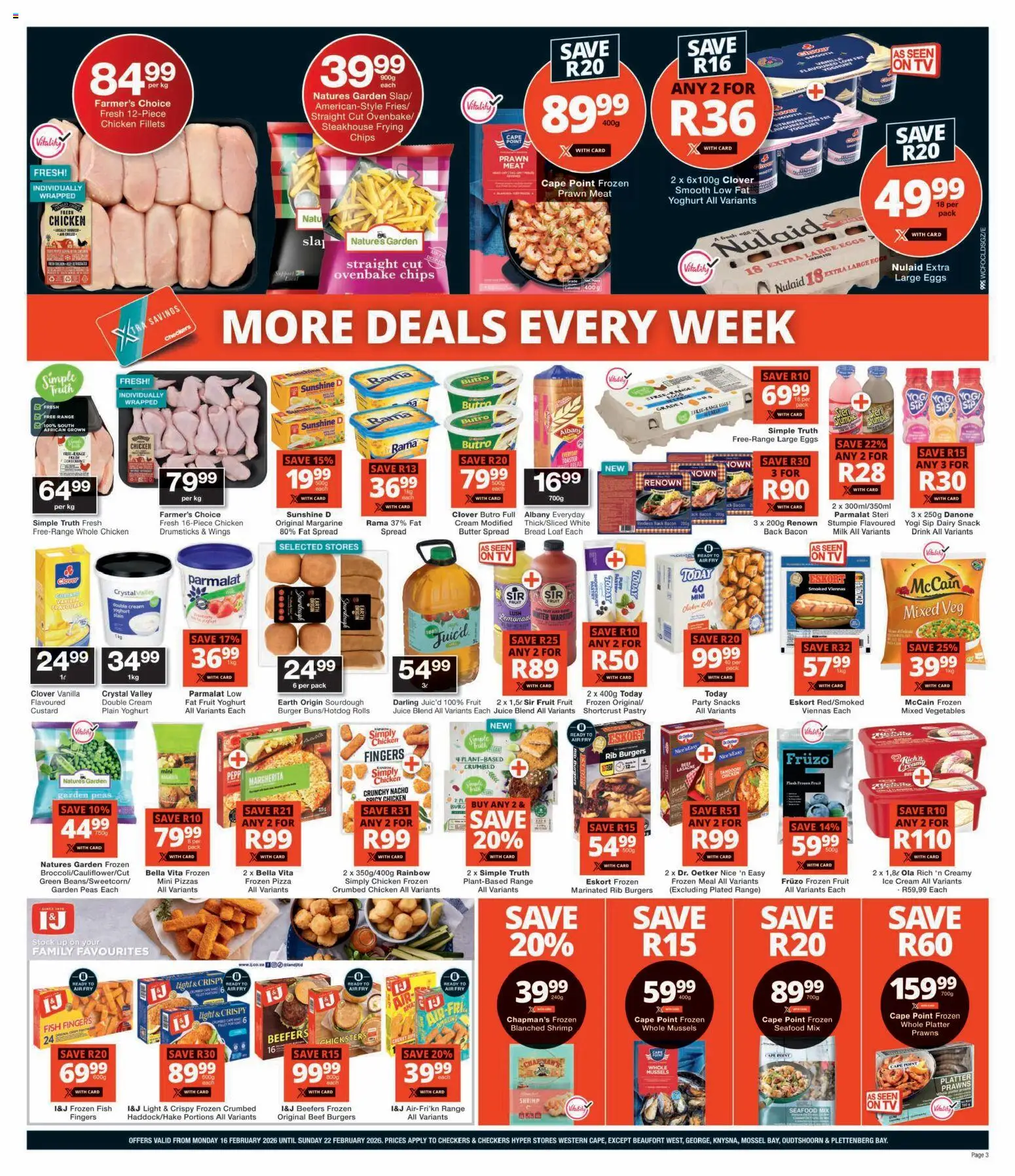 New Checkers catalogue – valid from 16.02.2026 | Page: 3 | Products: Chicken, Fish, Snacks, Ice cream