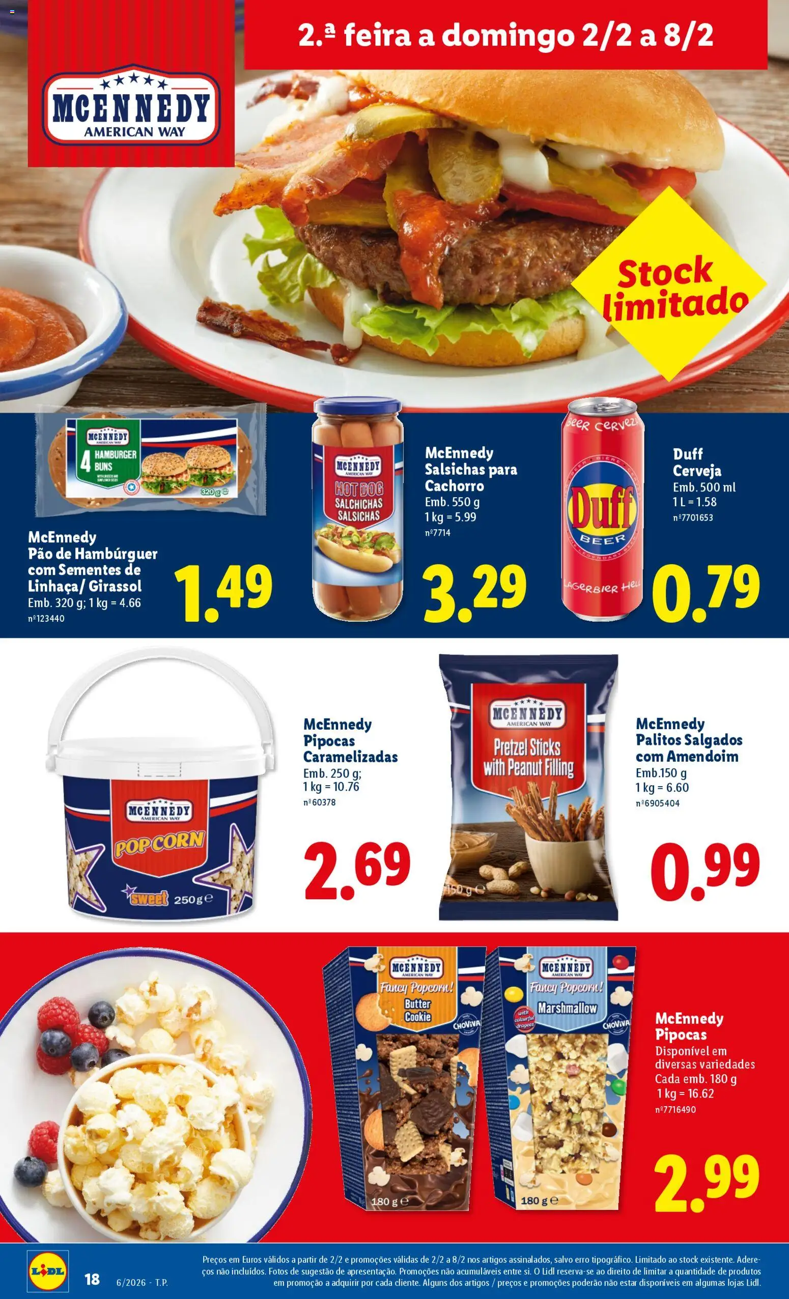 Lidl folheto │ válido de 02.02.2026 | Página: 18 | Produtos: Pipocas, Hambúrguer, Pão, Cerveja