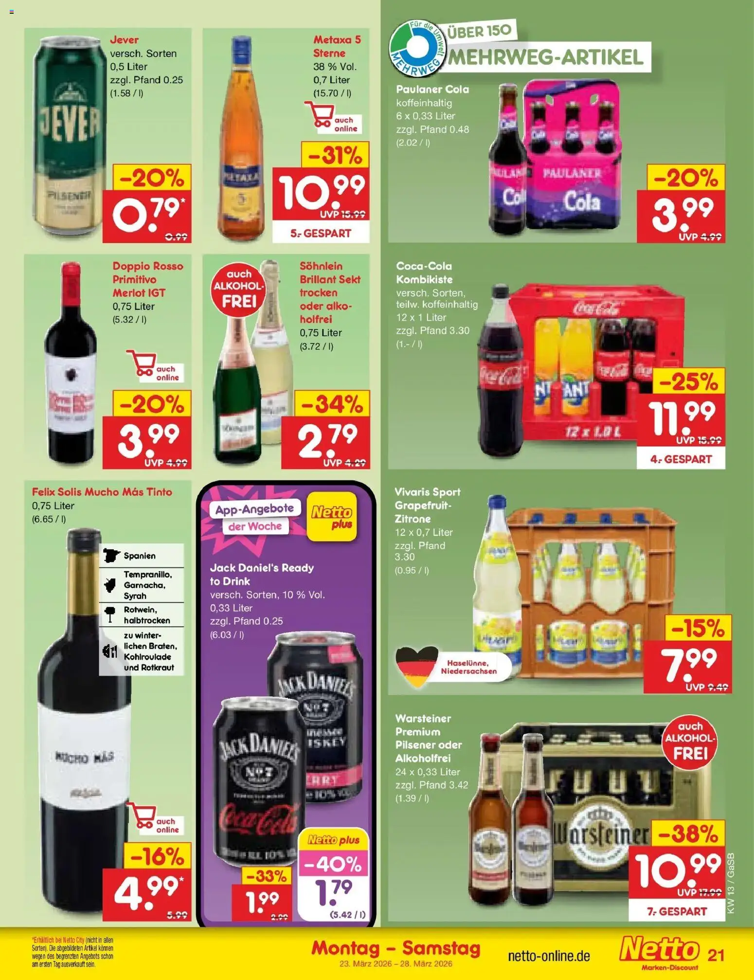 Netto Marken-Discount Prospekt Bremen-Lesum	 – gültig ab 23.03.2026 | Seite: 23 | Produkte: Merlot, Warsteiner, Jever, Paulaner