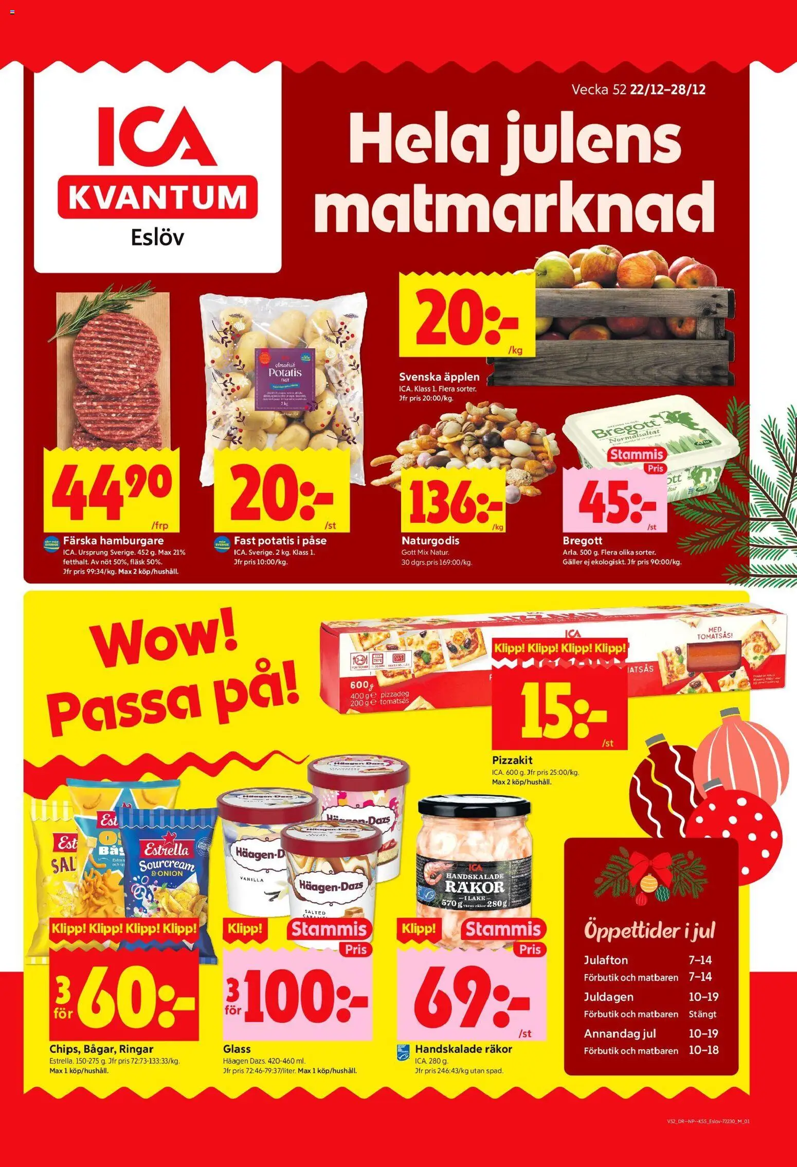 ICA Kvantum reklamblad aktuell från 22.12.2025 | Sida: 1 | Produkter: Hamburgare, Bregott, Fläsk, Tomatsås