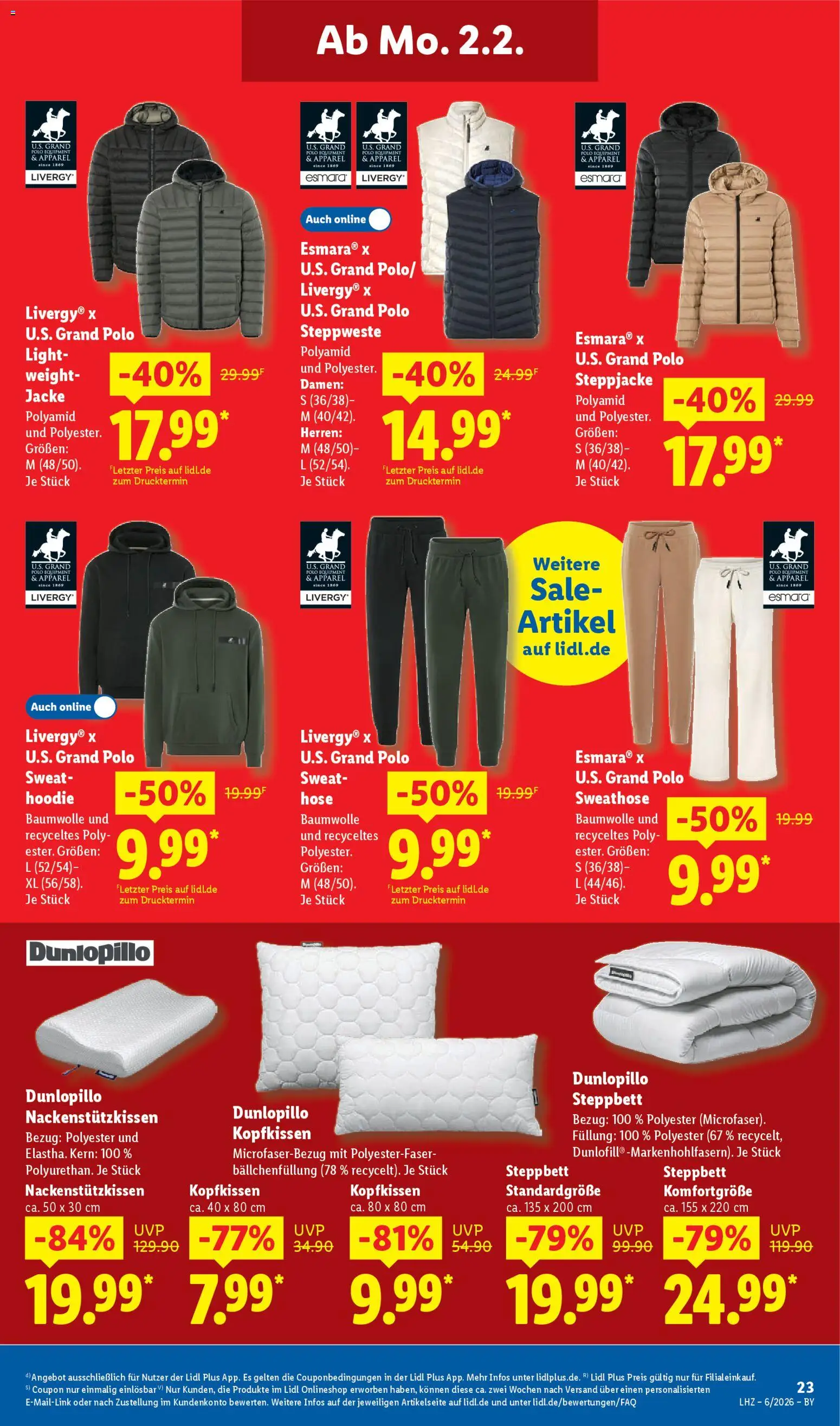 Lidl Prospekt Uffenheim – gültig ab 02.02.2026 | Seite: 33 | Produkte: Sweathose, Steppweste, Kopfkissen, Jacke