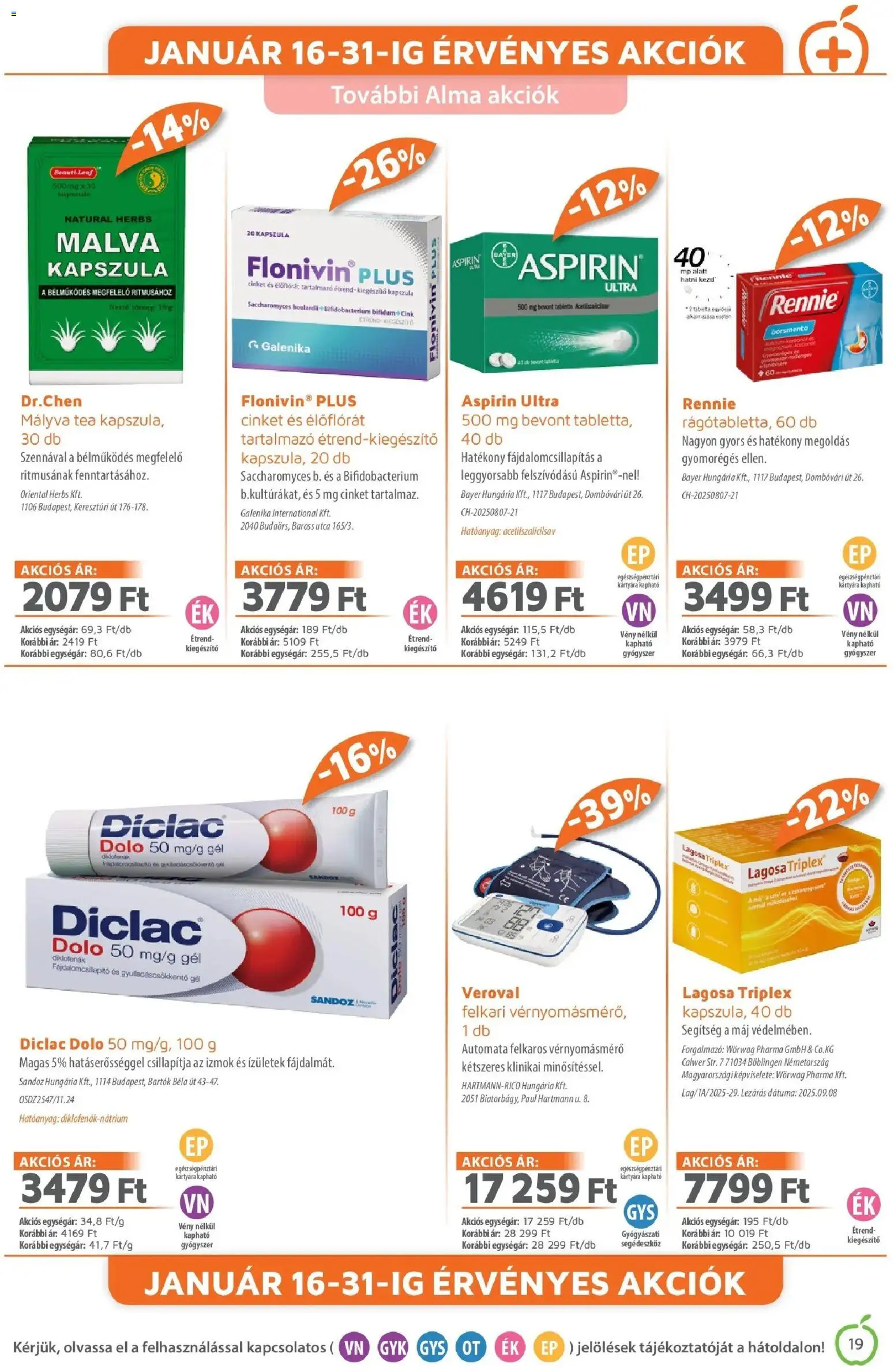Alma Gyógyszertárak akciós ujság - amely érvényes a következő dátumtól: 01.01.2026 | Oldal: 19 | Termékek: Vérnyomásmérő, Alma, Tea