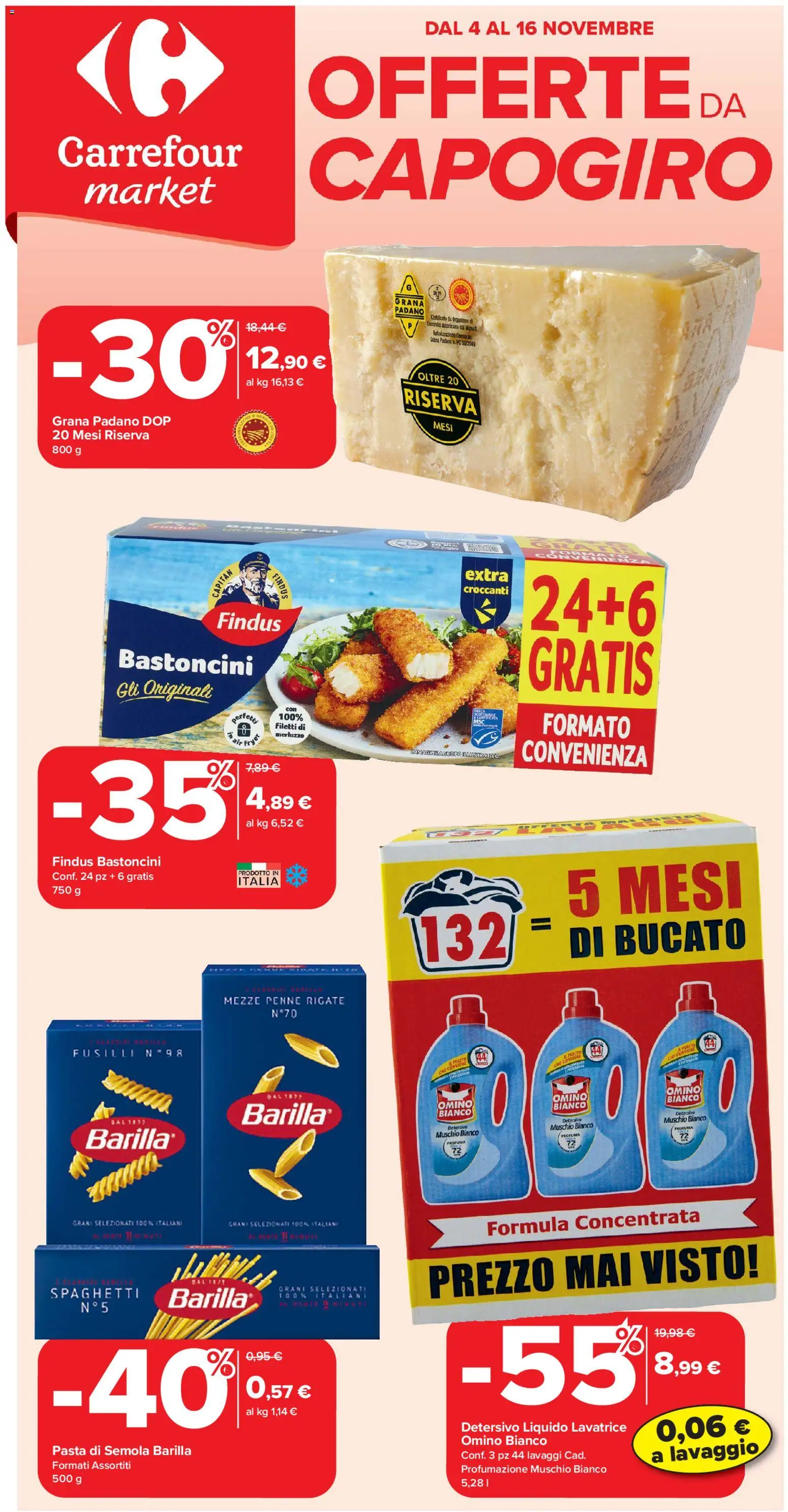 Volantino Carrefour del 04.11.2025 | Pagina: 1 | Prodotti: Lavatrice, PC, Fusilli, Grana Padano