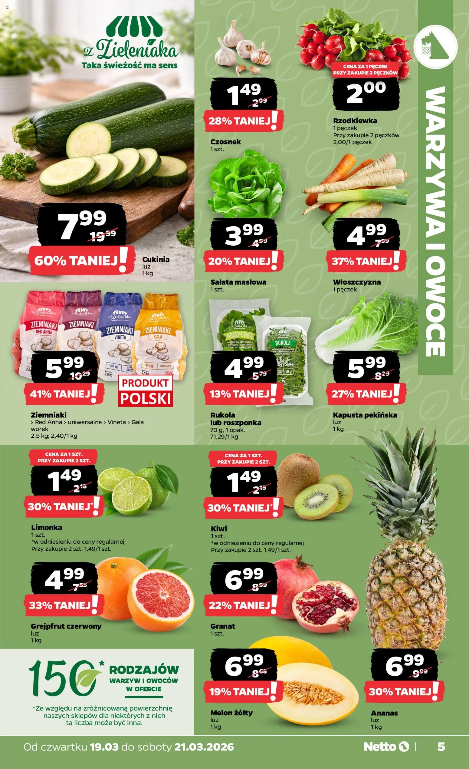 Netto gazetka od czwartku spożywcza od 19.03.2026 | Strona: 5 | Produkty: Melon, Cukinia, Ananas, Warzywa