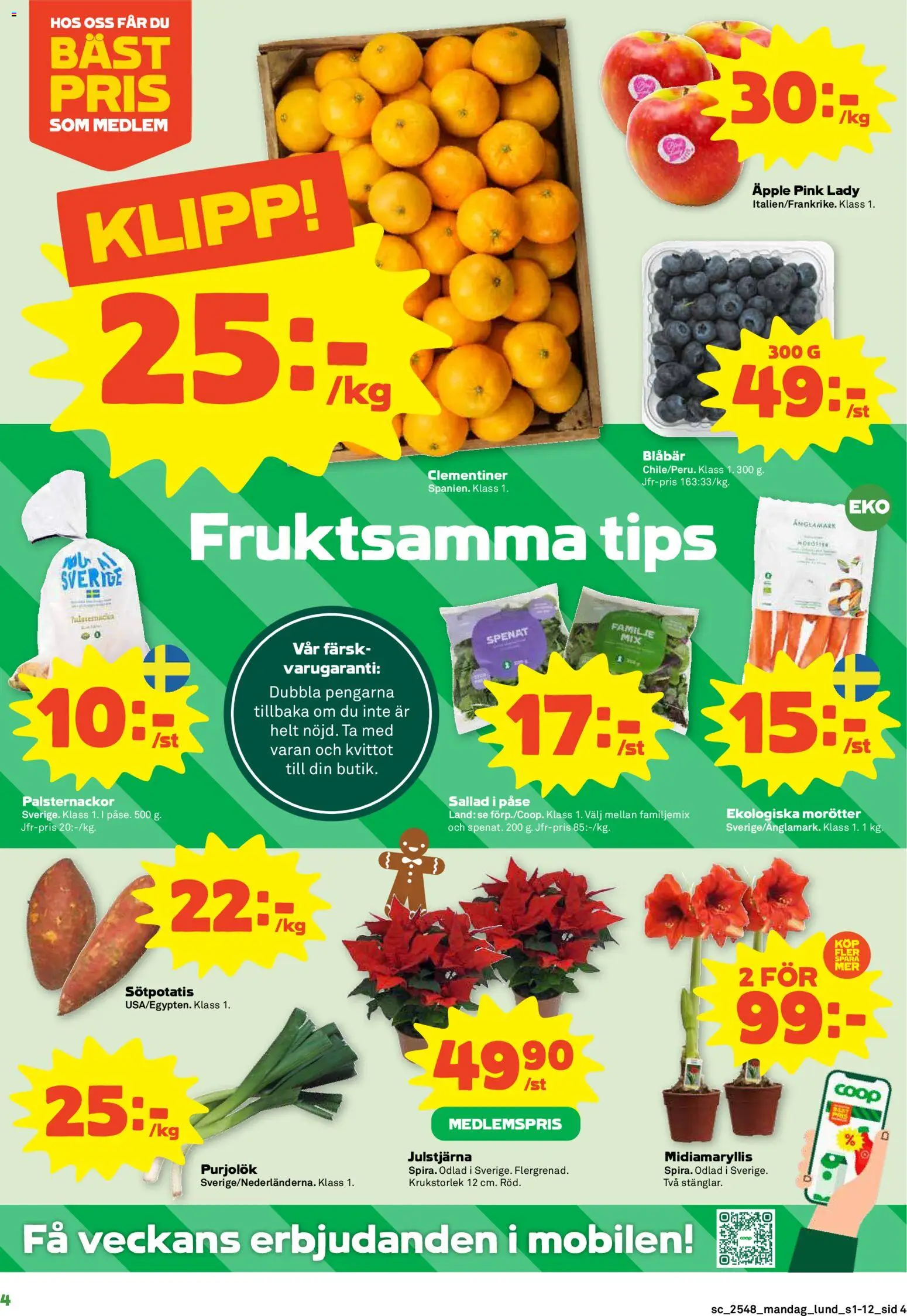 Coop Forum reklamblad aktuell från 24.11.2025 | Sida: 4 | Produkter: Spenat, Äpple, Sallad, Blåbär