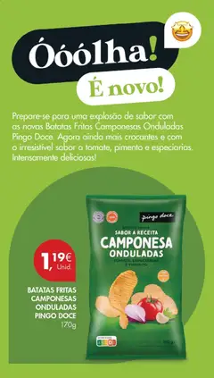 Pré-visualização BATATAS FRITAS CAMPONESAS ONDULADAS PINGO DOCE, Batatas fritas sabor a receita camponesa onduladas tomate, especiarias e pimento. válido de 14.04.2026 | Página: 38