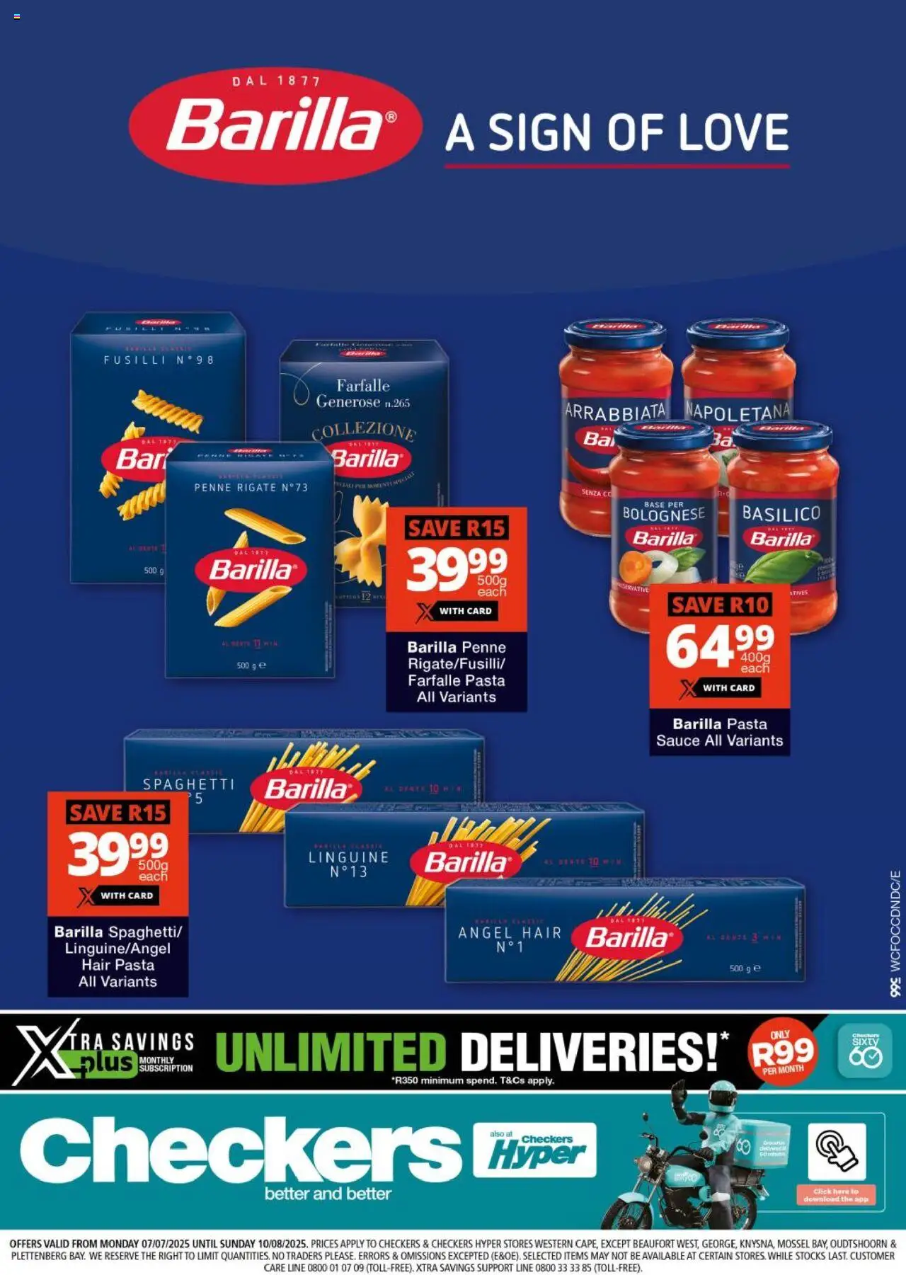 Checkers Western Cape - Barilla Promotion  │ valid from 07.07.2025 | Page: 1 | Products: Pasta sauce, Pasta, Preservative, Sauce
