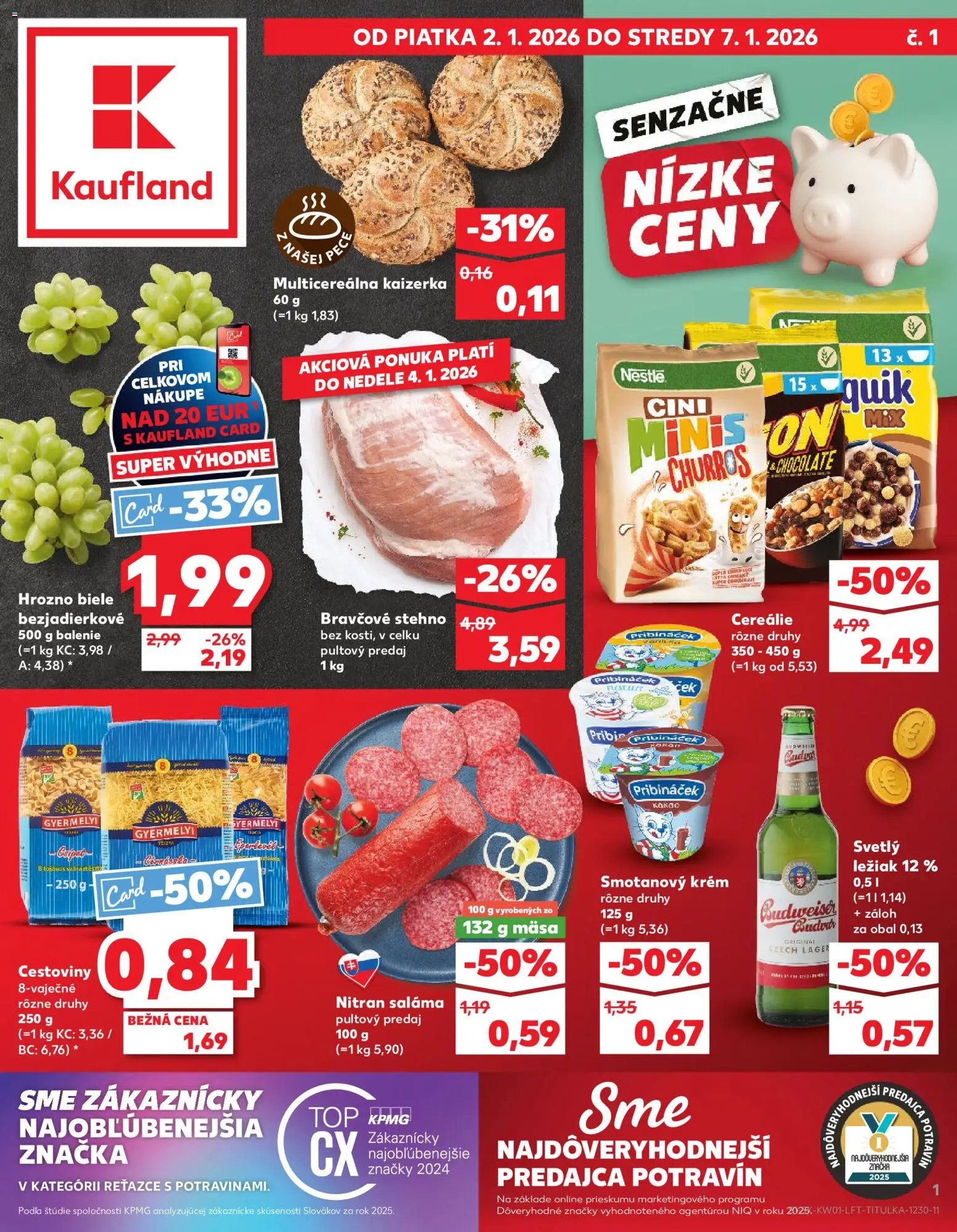 Nové Kaufland akcie – leták je platný od 02.01.2026 | Strana: 1 | Produkty: Cestoviny, Krém, Hrozno, Kakao