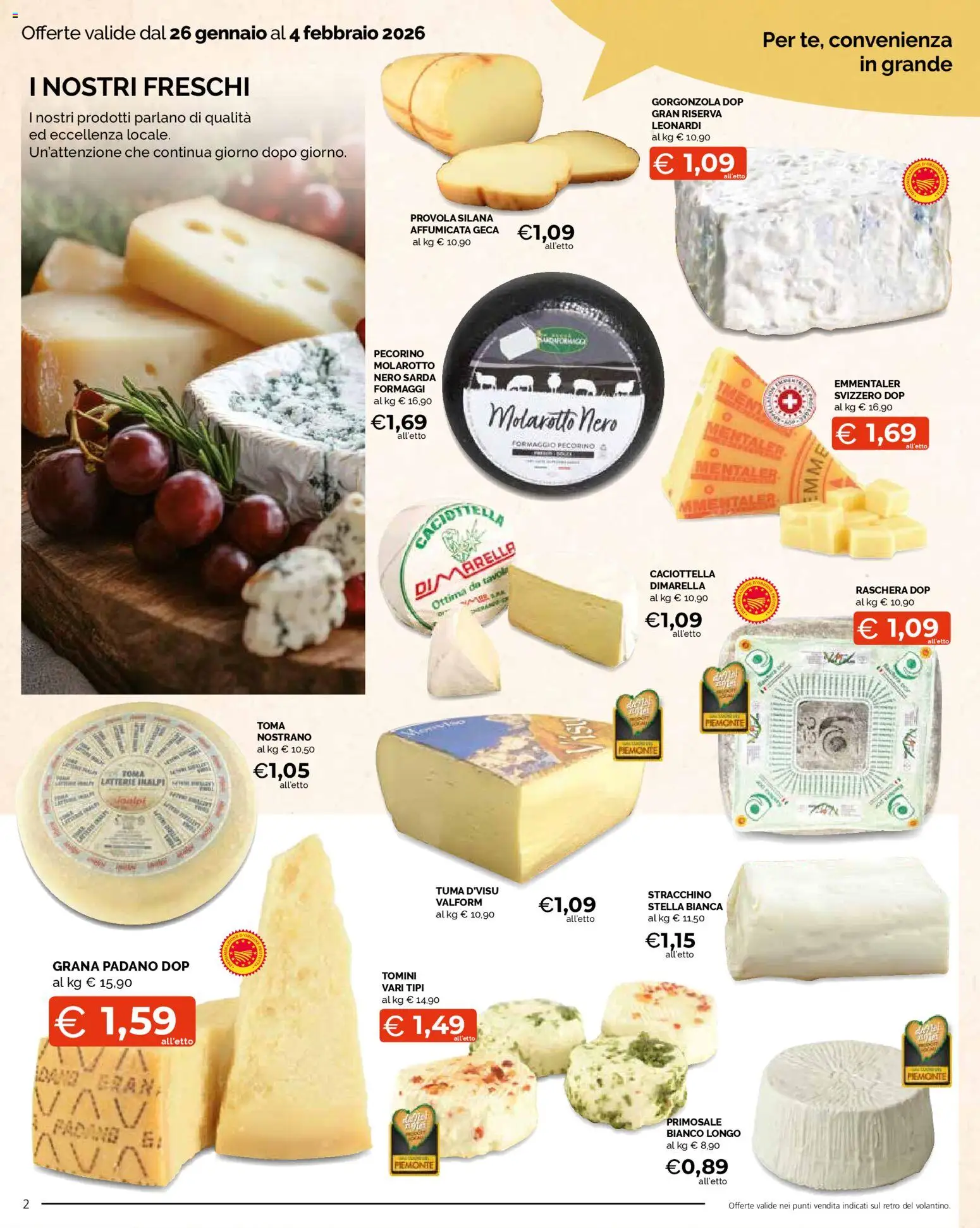 Volantino Mercatò del 26.01.2026 | Pagina: 2 | Prodotti: Grana Padano, Provola, Gorgonzola, Pecorino