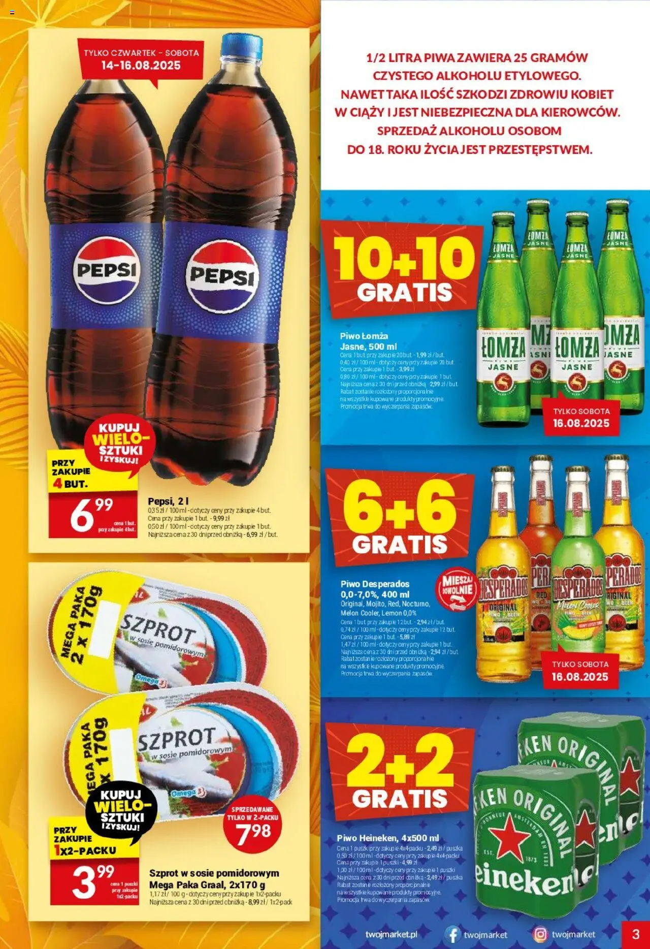 Twój Market Gazetka od 13.08.2025 | Strona: 3 | Produkty: Melon, Pepsi, Piwo Desperados, Piwo