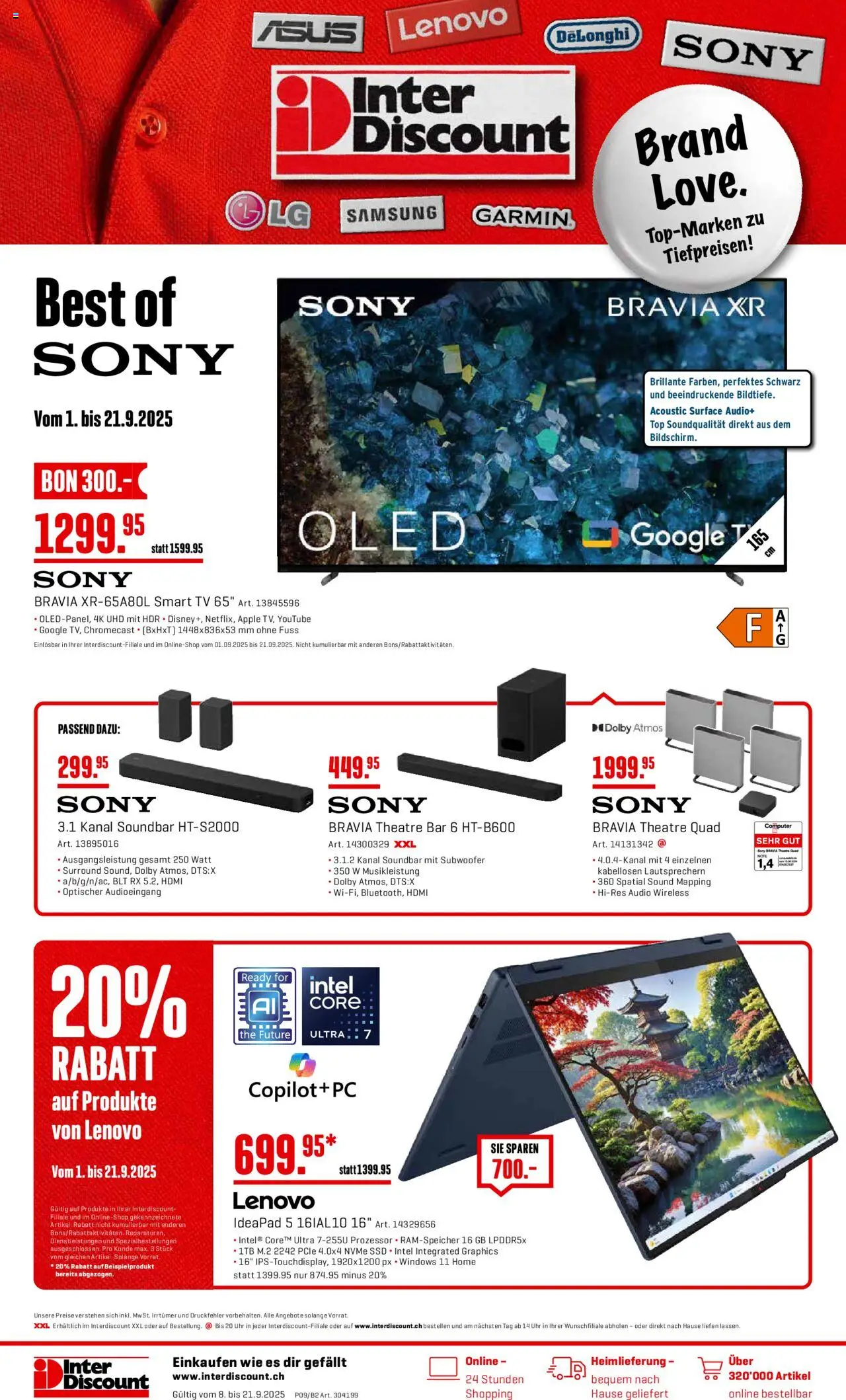 Interdiscount Aktionen Brand Love – gültig ab 08.09.2025 | Seite: 1 | Produkte: Soundbar, Uhr, Top, Sony