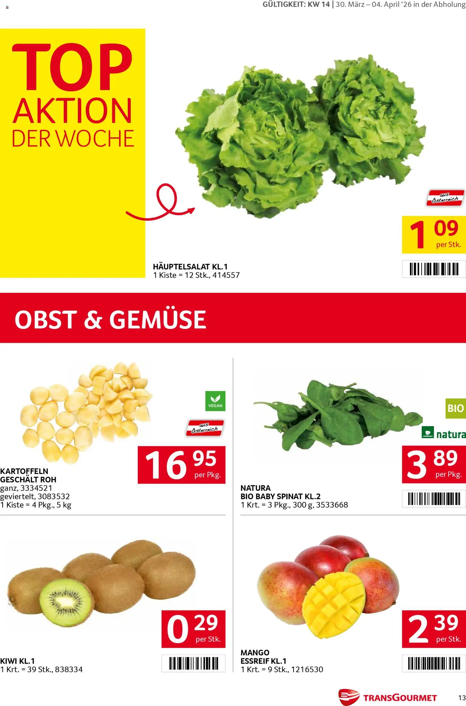 Transgourmet Flugblatt gültig ab 30.03.2026 | Seite: 13 | Produkte: Kiwi, Gemüse, Obst, Mango