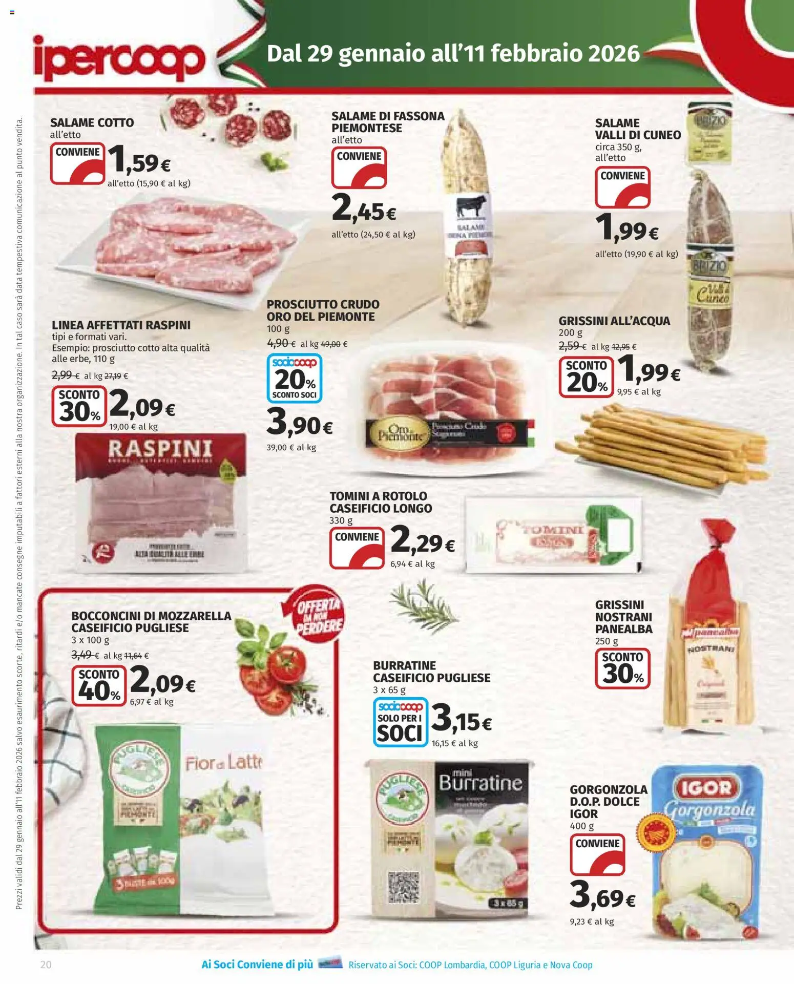Volantino Ipercoop del 29.01.2026 | Pagina: 20 | Prodotti: Prosciutto Crudo, Salame, Latte, Data