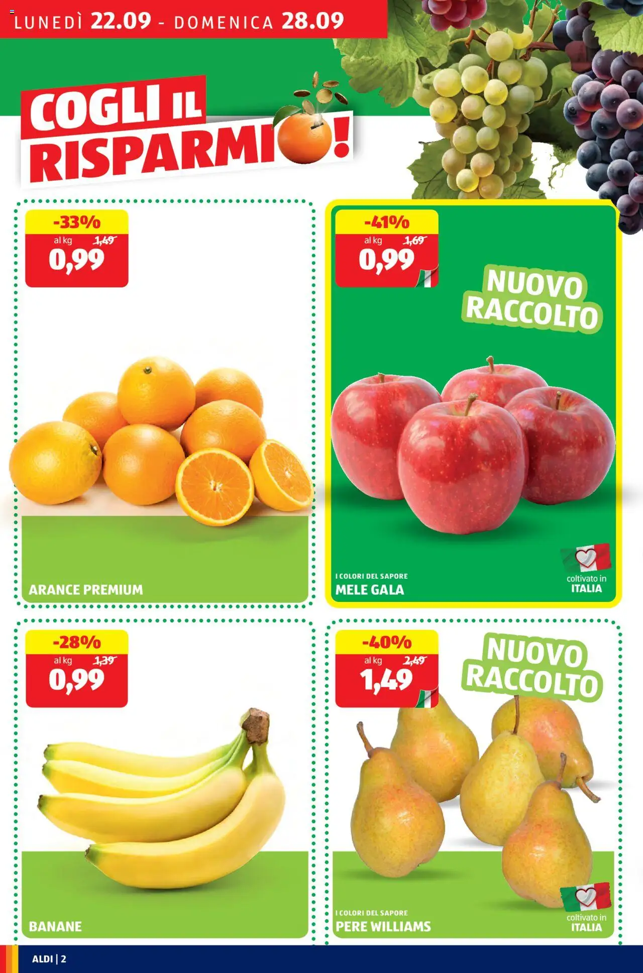 Volantino Aldi del 22.09.2025 | Pagina: 2 | Prodotti: Mele, Arance, Banane