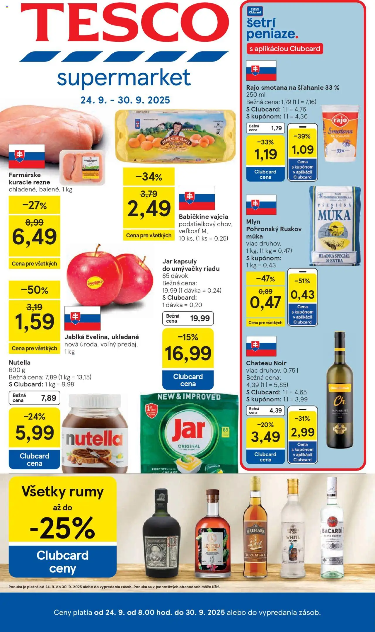 Nové Tesco akcie – leták je platný od 24.09.2025 | Strana: 1 | Produkty: Vajcia, Smotana, Bacardi, Jar