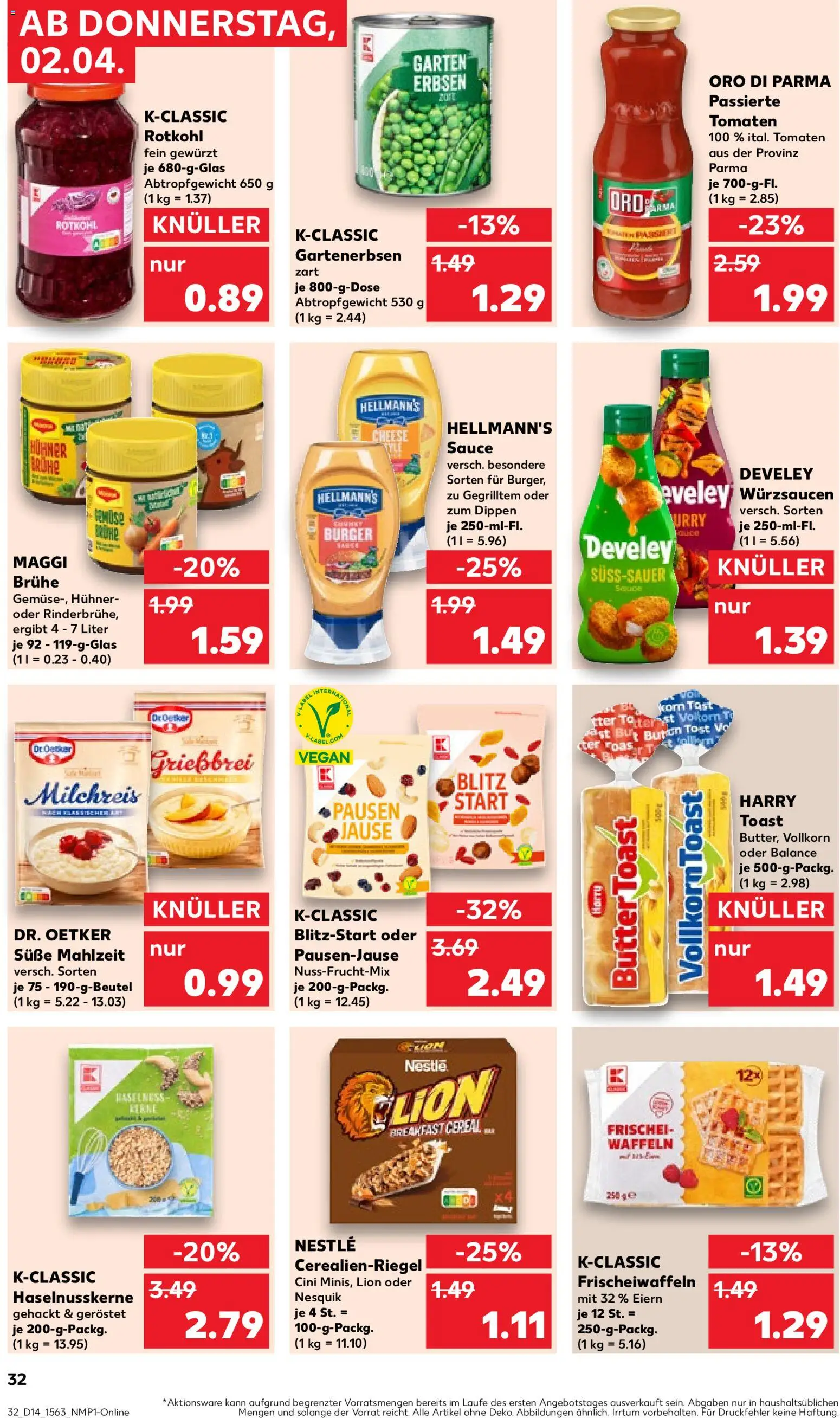 Kaufland Prospekt Kiel	 – gültig ab 02.04.2026 | Seite: 32 | Produkte: Nesquik, Burger, Oro di parma, Erbsen