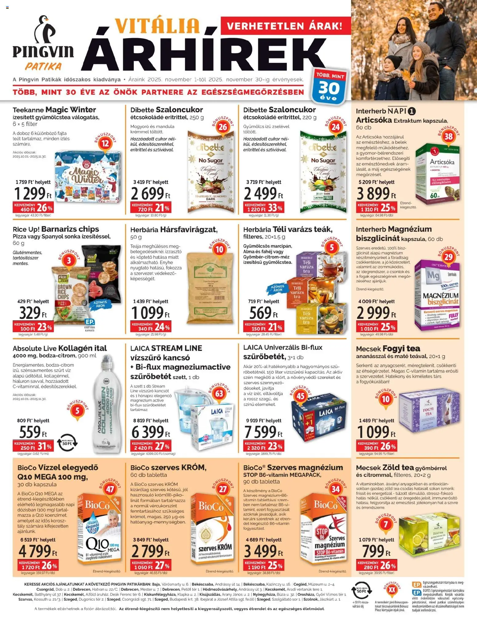 Pingvin Patika akciós ujság - amely érvényes a következő dátumtól: 01.11.2025 | Oldal: 1 | Termékek: Gyümölcs, Articsóka, Kollagén, Cukor