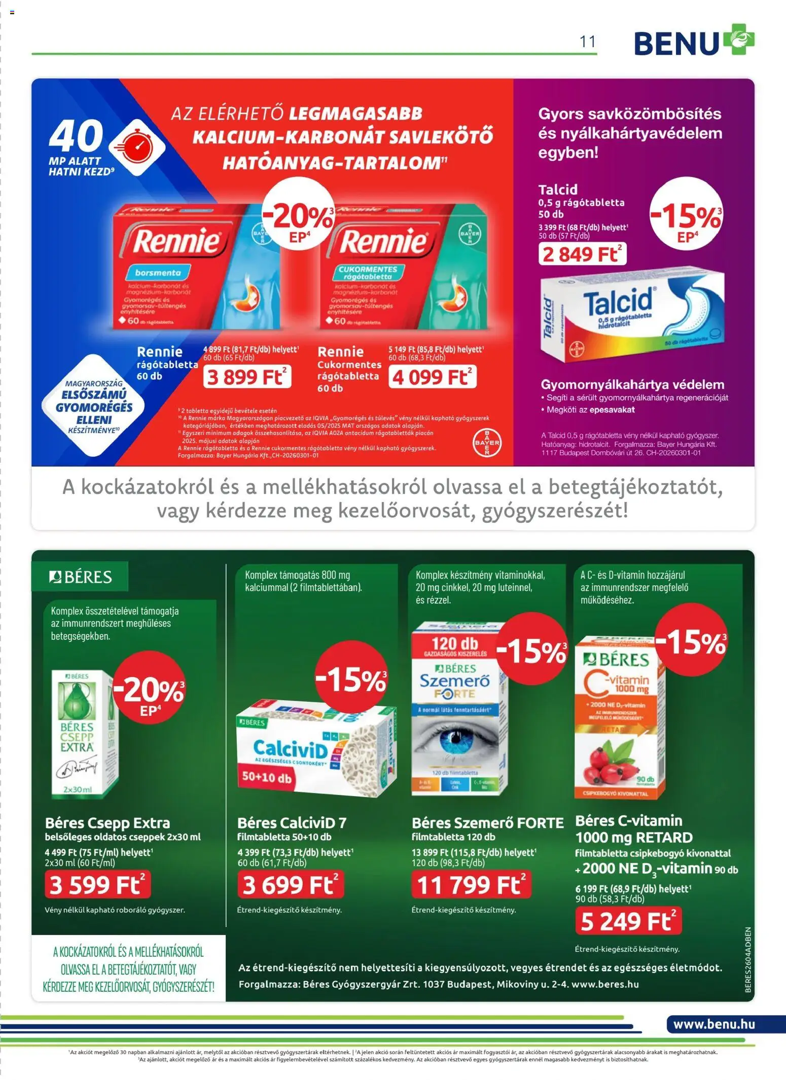 BENU Gyógyszertárak akciós ujság - amely érvényes a következő dátumtól: 01.04.2026 | Oldal: 11 | Termékek: Béres csepp, Gyógyszerek