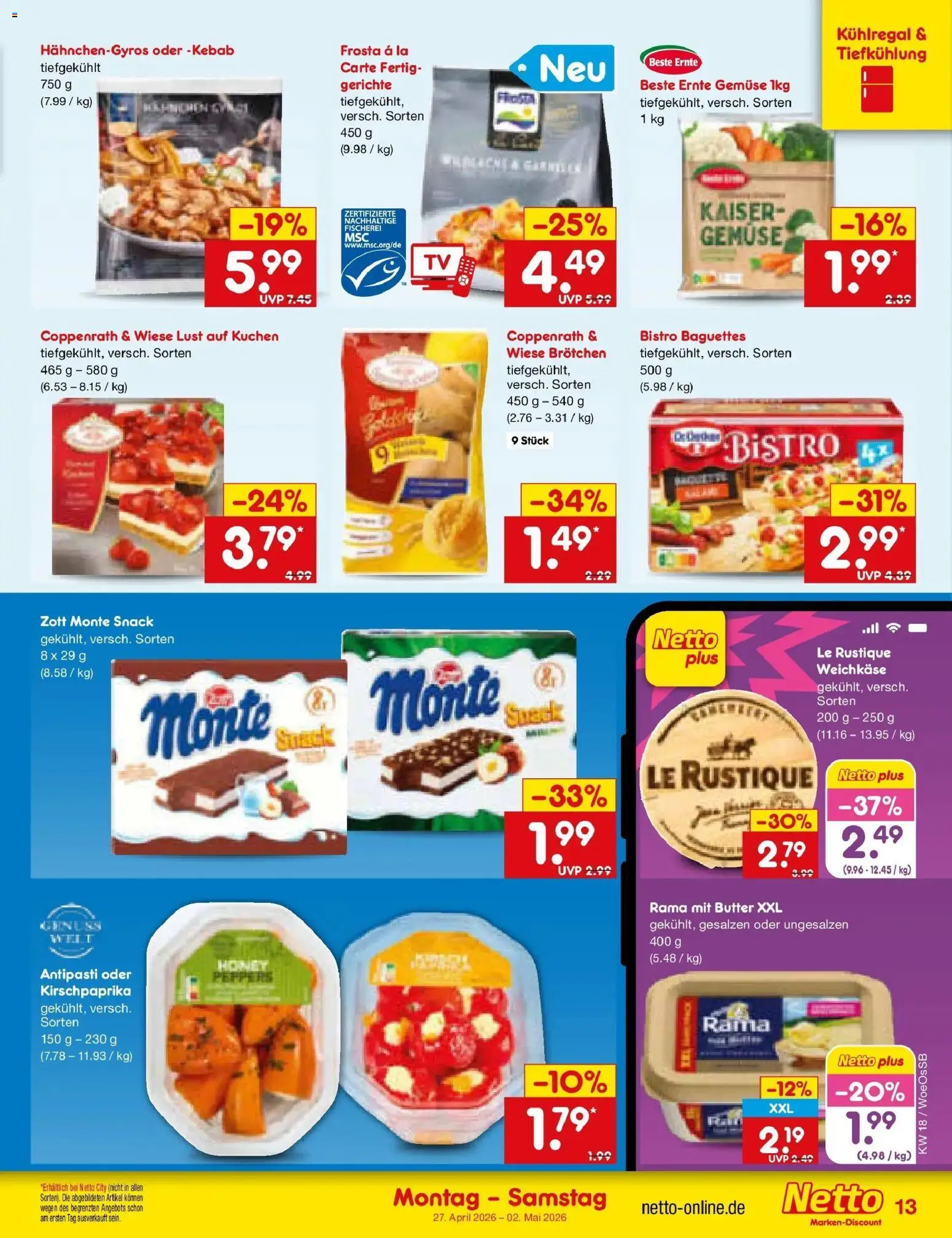 Netto Marken-Discount Prospekt Gemmingen	 – gültig ab 27.04.2026 | Seite: 15 | Produkte: Butter, Frosta, Gemüse, Kuchen