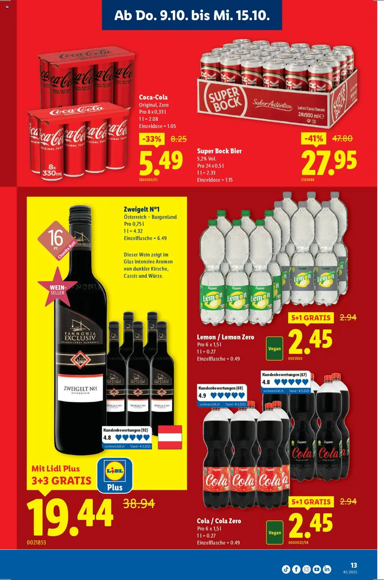 Lidl Aktionen – gültig ab 09.10.2025 | Seite: 13 | Produkte: Coca Cola, Wein, Bier, Zucker