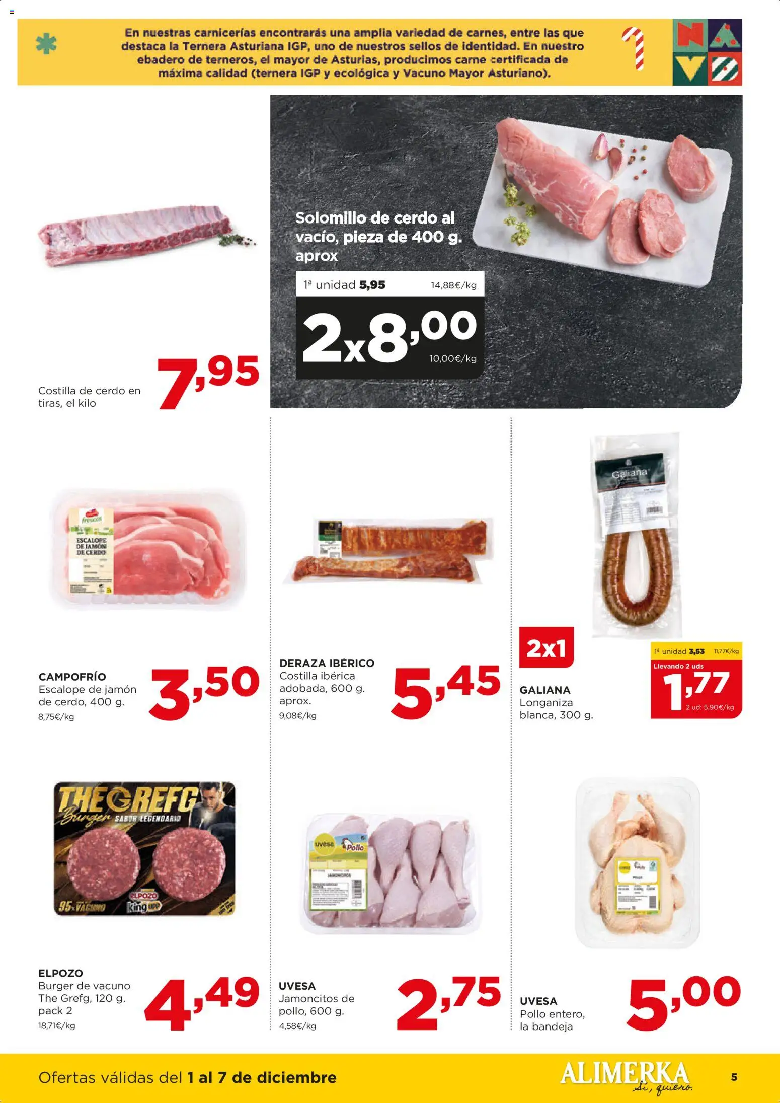Alimerka folleto Asturias │ válido desde el 01.12.2025 | Página: 5 | Productos: Solomillo de cerdo, Jamón, Cerdo, Longaniza