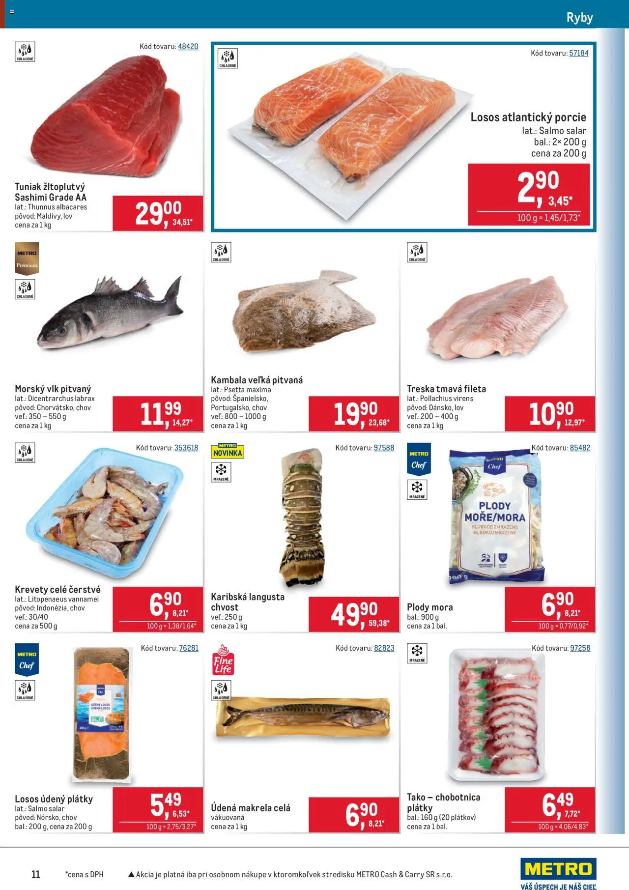 Nové Metro akcie – leták je platný od 08.10.2025 | Strana: 11 | Produkty: Tuniak, Ryby, Losos, Treska
