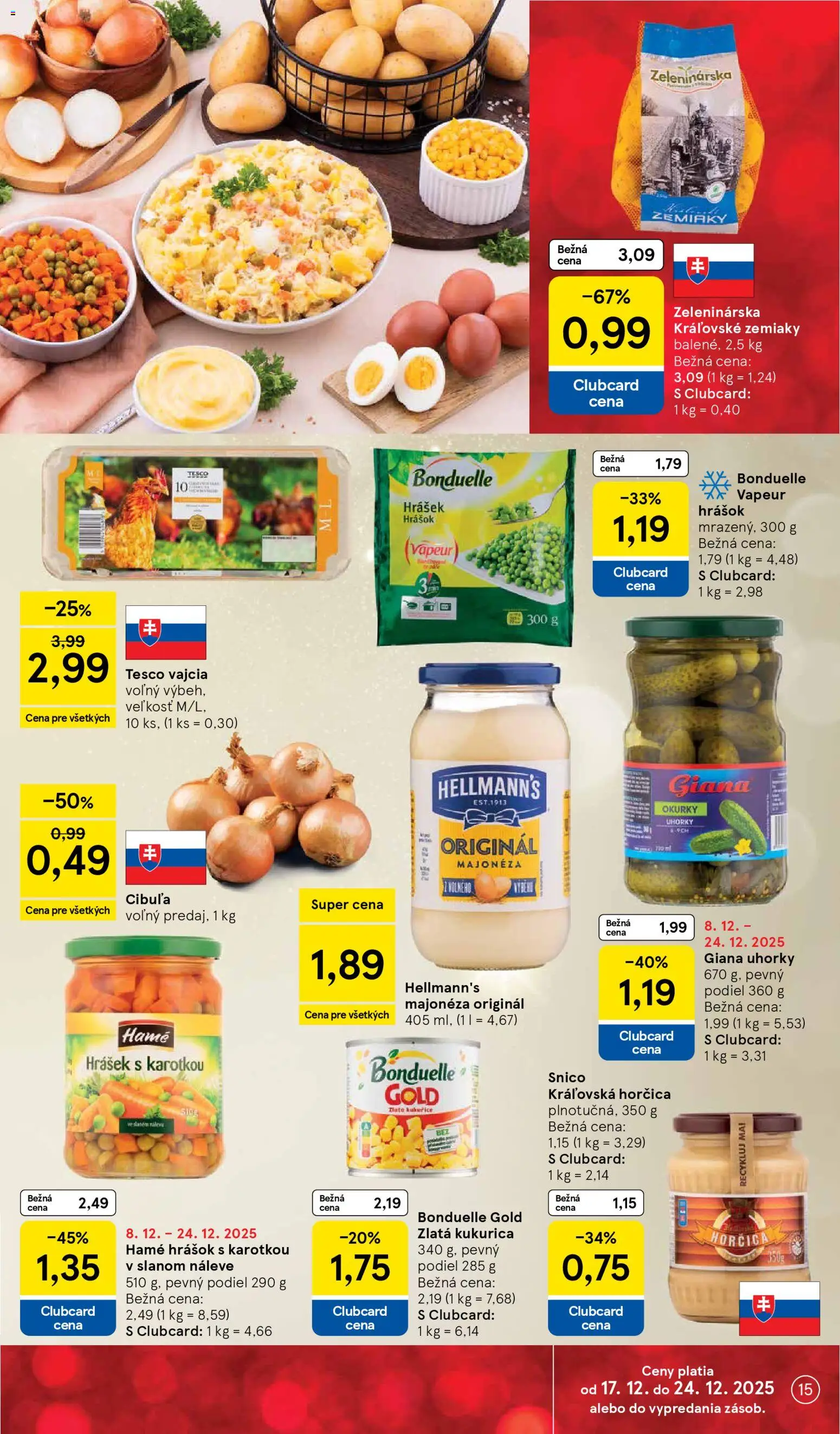 Nové Tesco akcie – leták je platný od 17.12.2025 | Strana: 15 | Produkty: Vajcia, Hrášok, Zemiaky, Kukurica