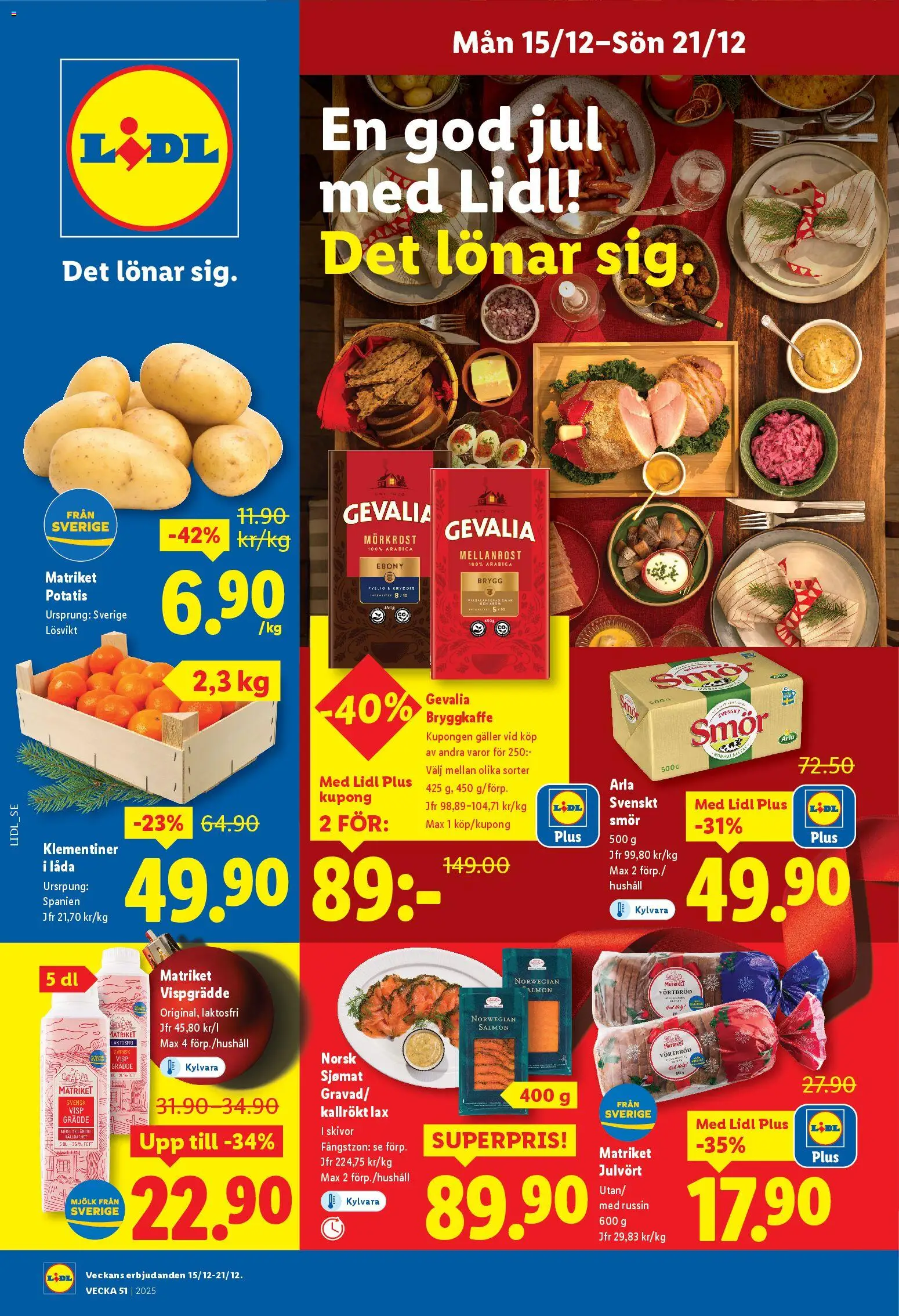 Lidl reklamblad aktuell från 15.12.2025 | Sida: 1 | Produkter: Låda, Lax, Potatis, Grädde