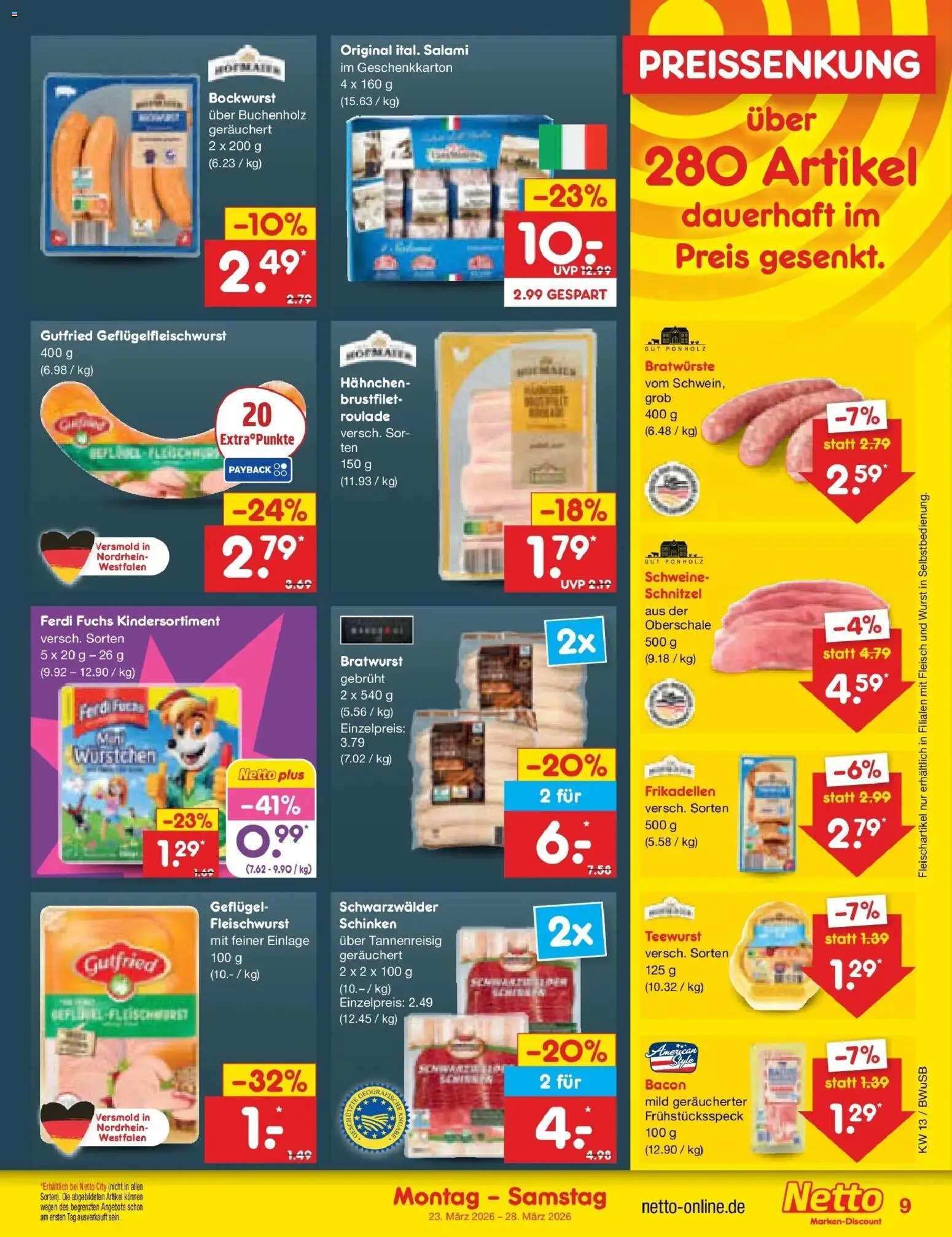 Netto Marken-Discount Prospekt Stemwede-Dielingen	 – gültig ab 23.03.2026 | Seite: 9 | Produkte: Bockwurst, Bratwurst, Schnitzel, Schinken