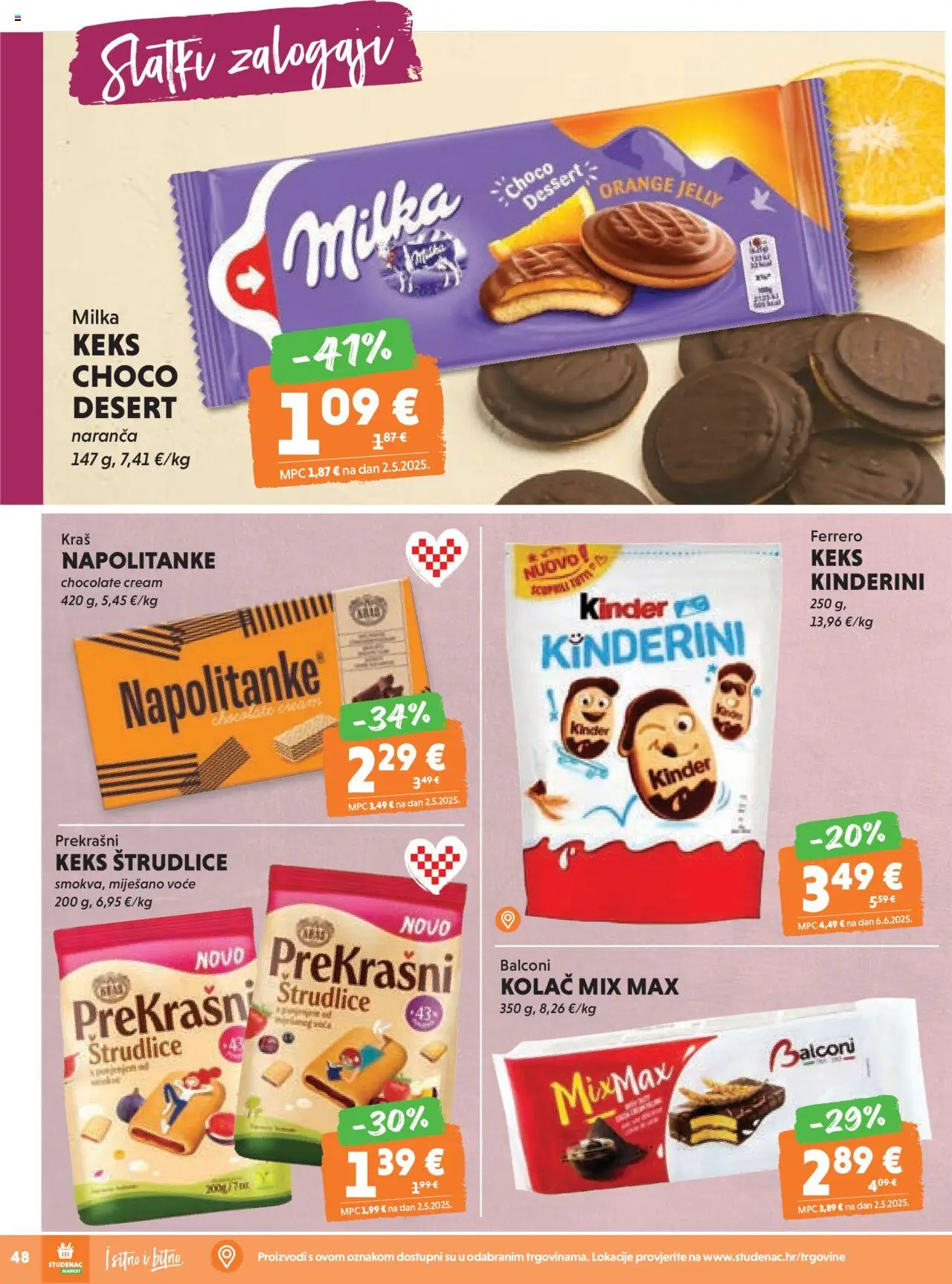 Studenac katalog | vrijedi od 13.08.2025 | Stranica: 48 | Proizvodi: Keks, Napolitanke, Voće, Milka