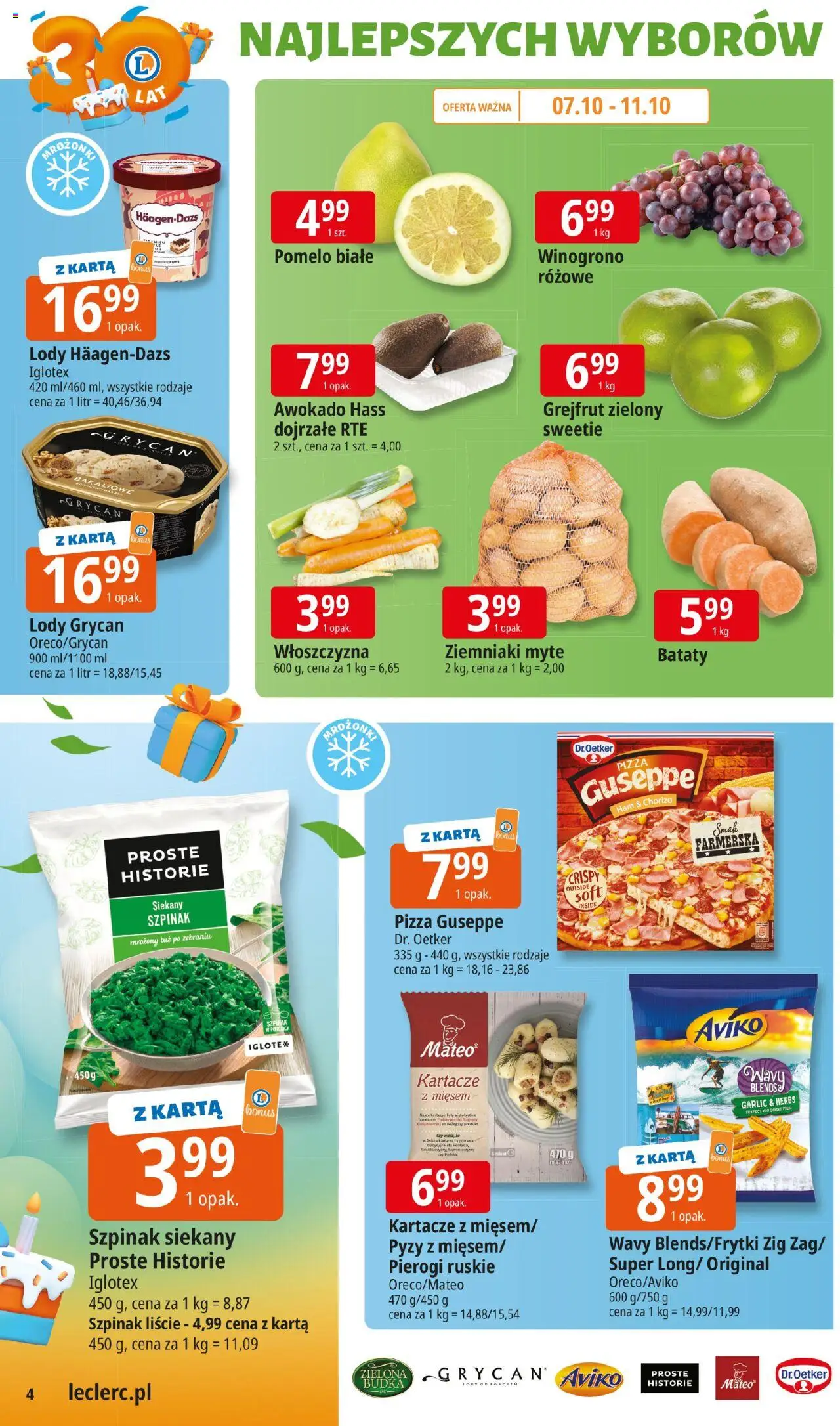 E.Leclerc Gazetka od 06.10.2025 | Strona: 4 | Produkty: Pomelo, Lody Grycan, Pizza, Ziemniaki