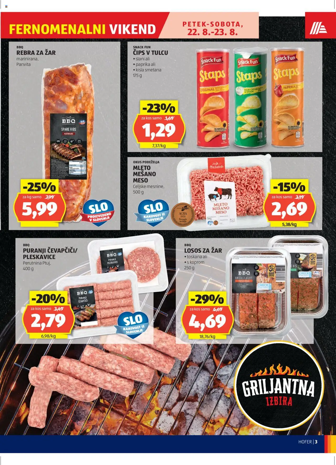 Hofer SI katalog | vrijedi od 21.08.2025 | Stranica: 3 | Proizvodi: Meso, Paprika, Čips, Losos
