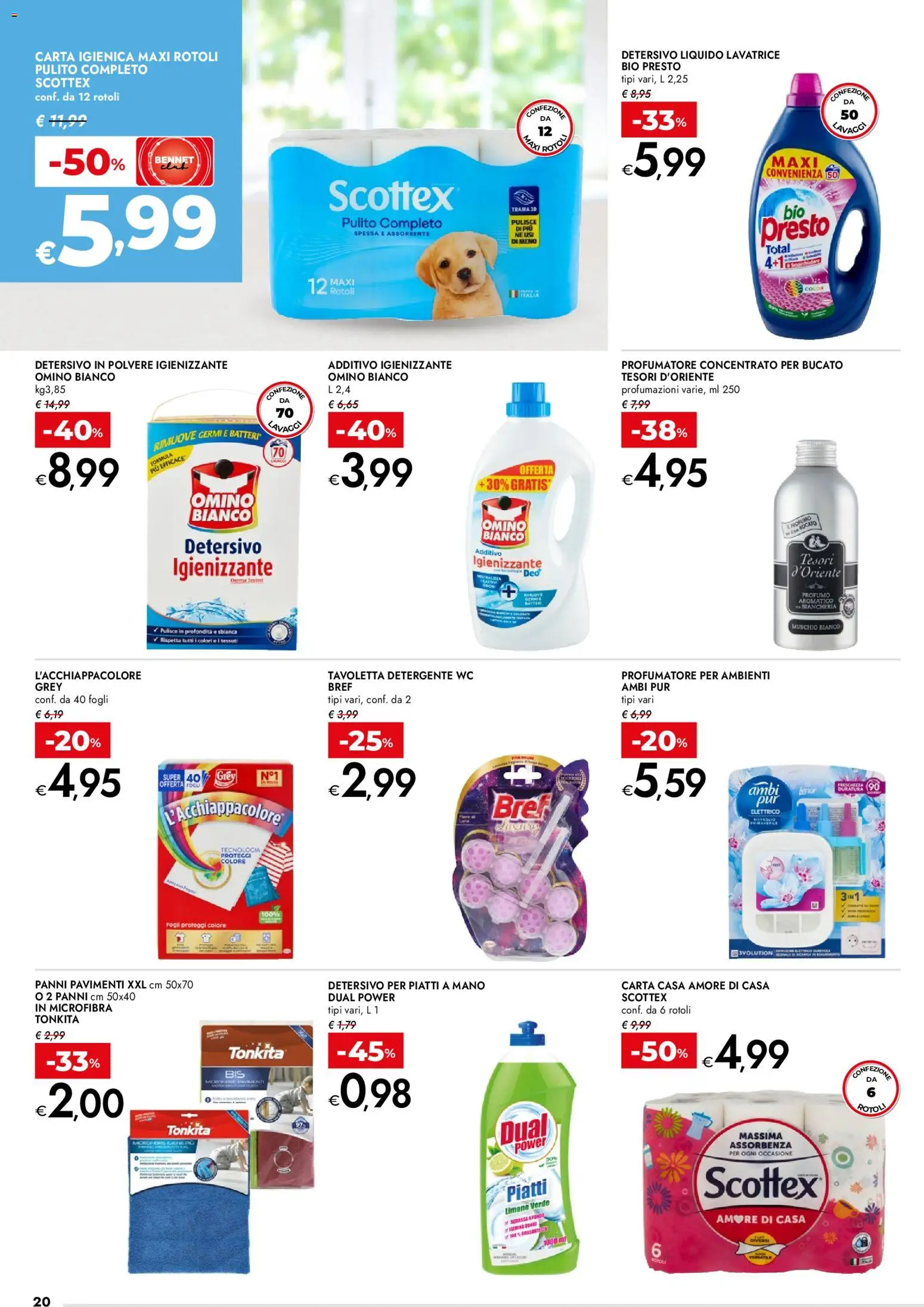 Volantino bennet del 02.04.2026 | Pagina: 20 | Prodotti: Carta igienica, Detersivo in polvere, Detergente, Profumo