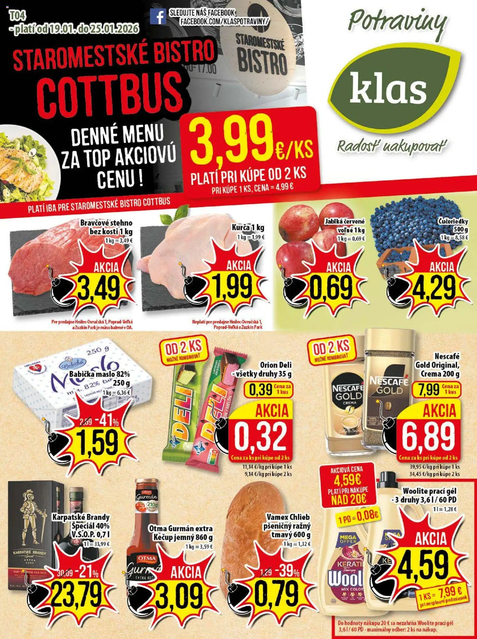 Nové Klas akcie – leták je platný od 19.01.2026 | Strana: 1 | Produkty: Maslo, Karpatské brandy, Woolite, Kečup