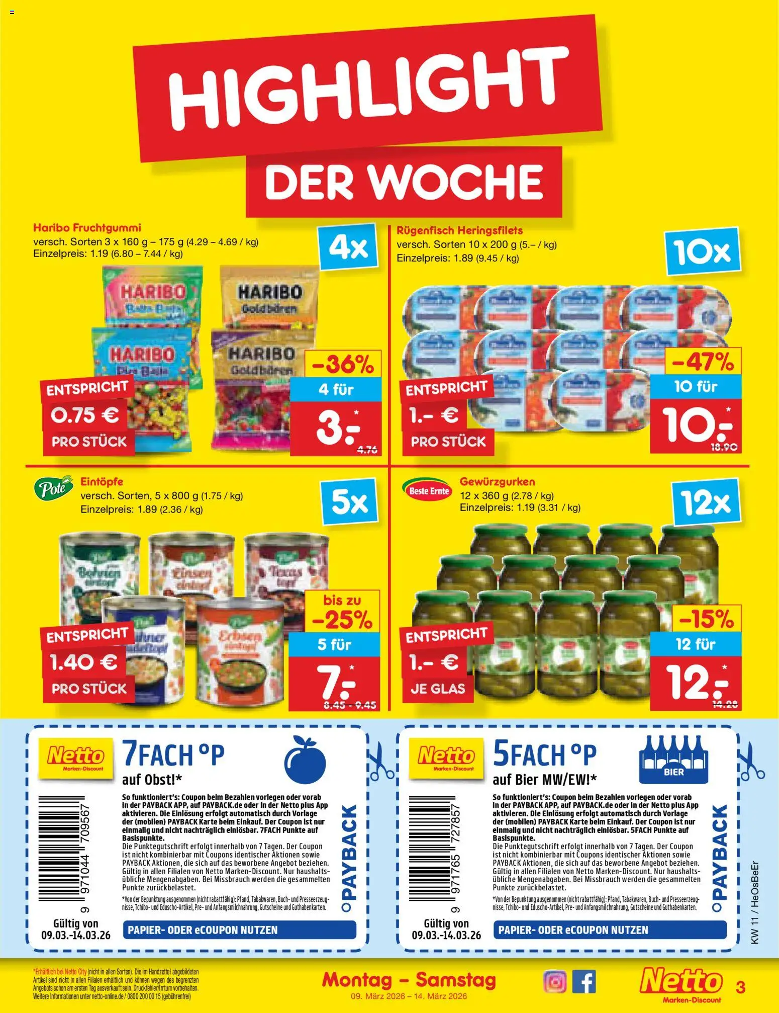 Netto Marken-Discount Prospekt 	 – gültig ab 09.03.2026 | Seite: 3 | Produkte: Haribo, Bier, Obst