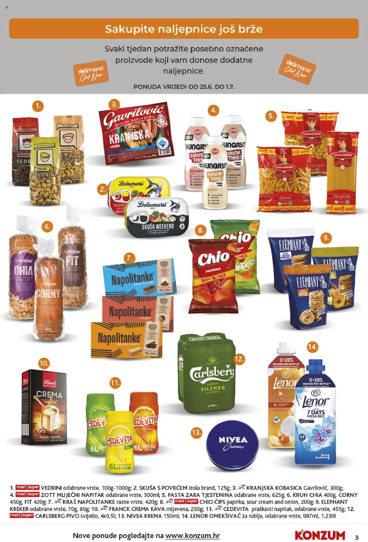 Konzum katalog | vrijedi od 25.06.2025 | Stranica: 3 | Proizvodi: Kruh, Pivo, Krema, Kobasica