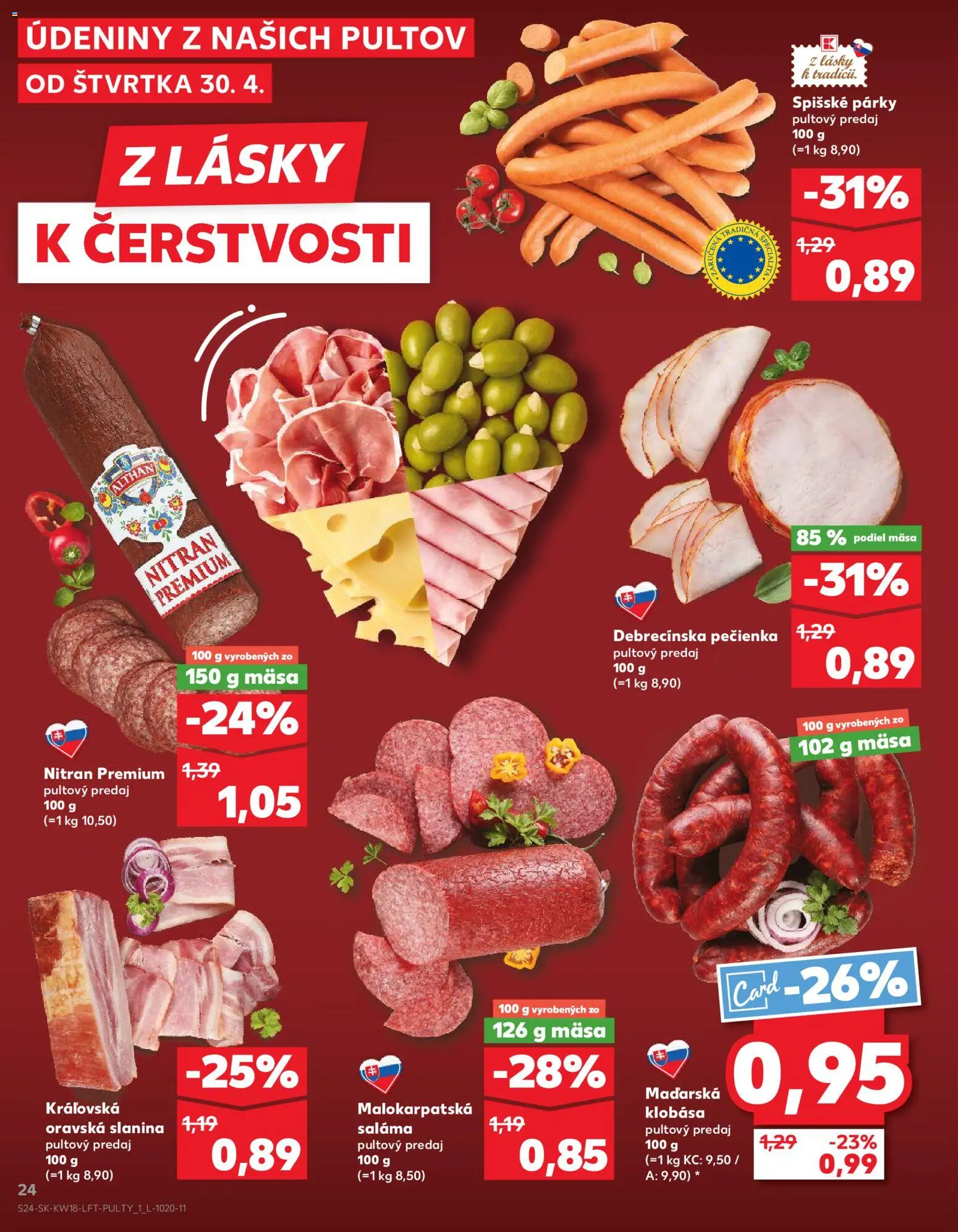 Nové Kaufland akcie – leták je platný od 30.04.2026 | Strana: 24 | Produkty: Saláma, Slanina, Klobása, Párky