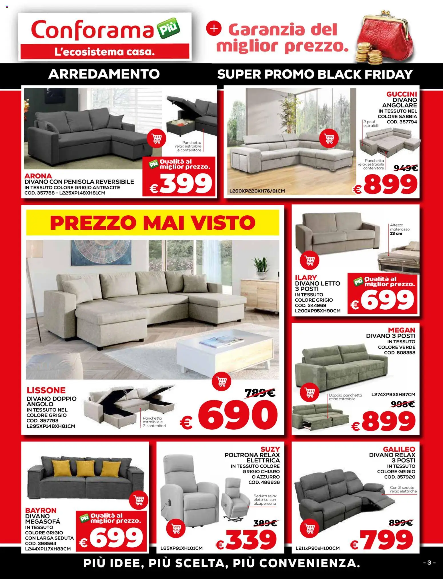 Volantino Conforama del 15.11.2025 | Pagina: 3 | Prodotti: Divano angolare, Contenitore, Materasso, Poltrona
