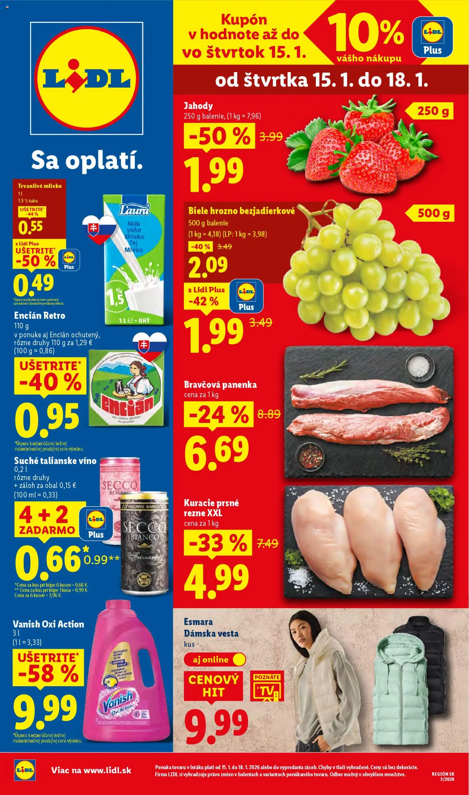 Nové Lidl akcie – leták je platný od 15.01.2026 | Strana: 1 | Produkty: Mlieko, Víno, Vesta, Trvanlivé mlieko