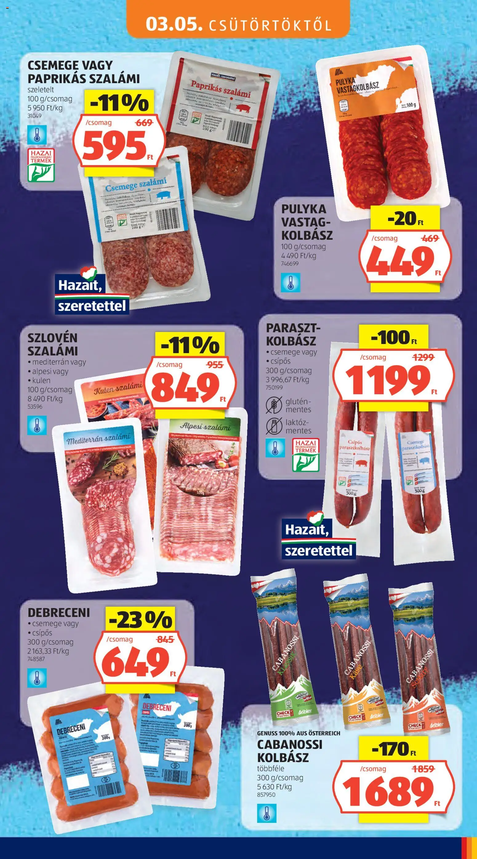 Aldi akciós ujság - amely érvényes a következő dátumtól: 05.03.2026 | Oldal: 9 | Termékek: Kolbász, Debreceni, Vastagkolbász, Szalámi