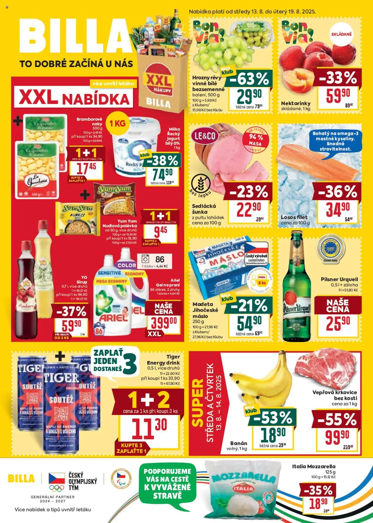 Billa Velký leták od 13.08.2025 | Strana: 1 | Produkty: Tiger energy, Yum Yum, Šunka, Energy drink