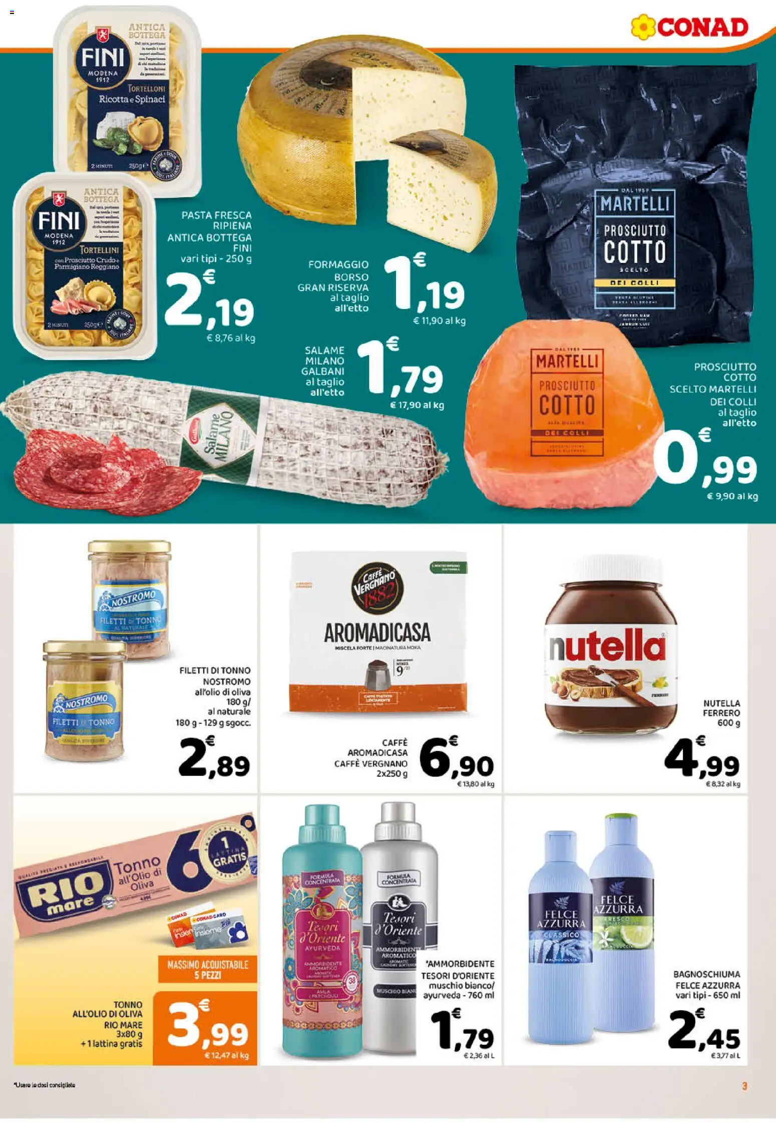 Volantino Conad del 09.01.2026 | Pagina: 3 | Prodotti: Caffè, Ammorbidente, Tonno, Parmigiano