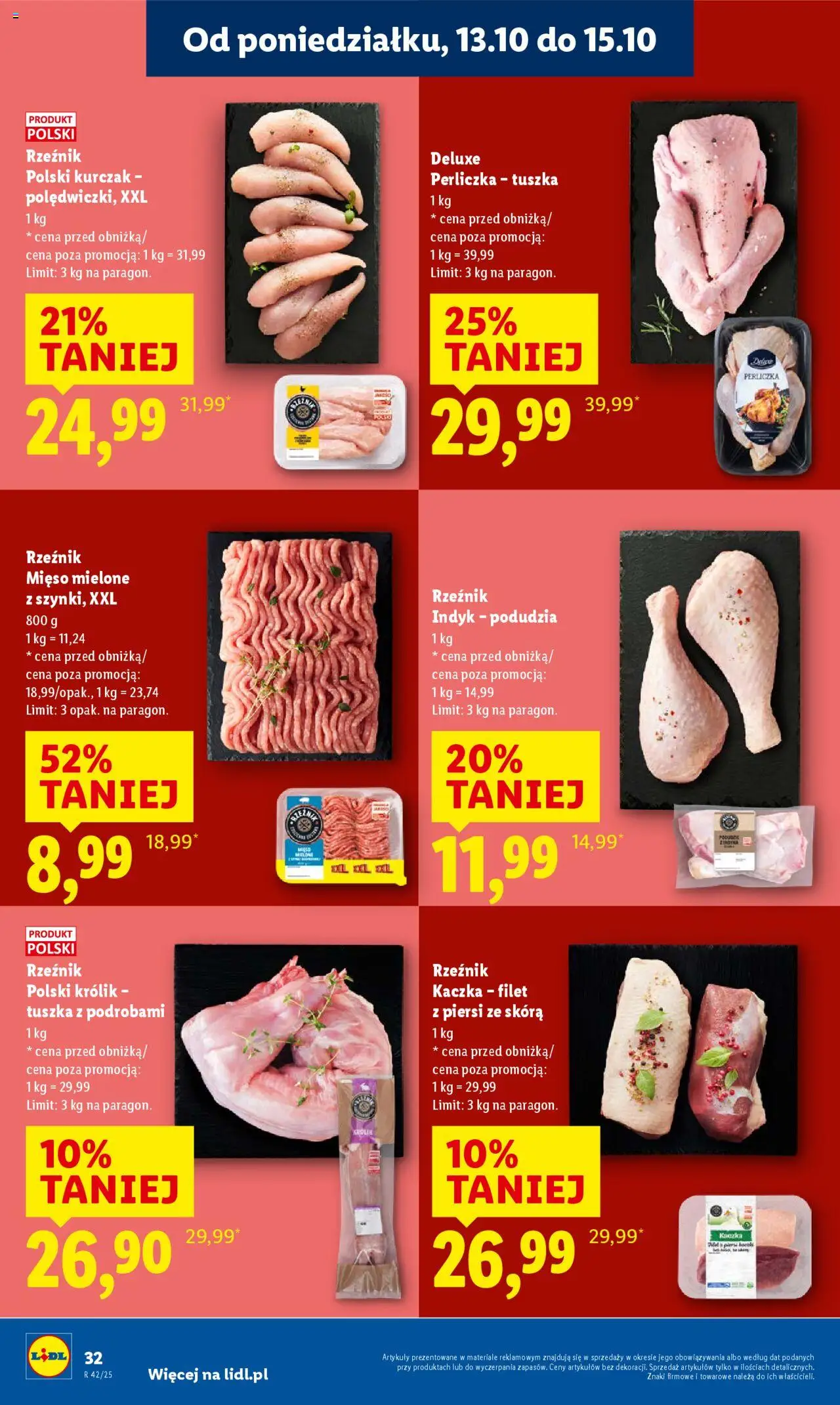 Lidl Gazetka od 13.10.2025 | Strona: 32 | Produkty: Kurczak, Piersi, Mięso mielone, Perliczka