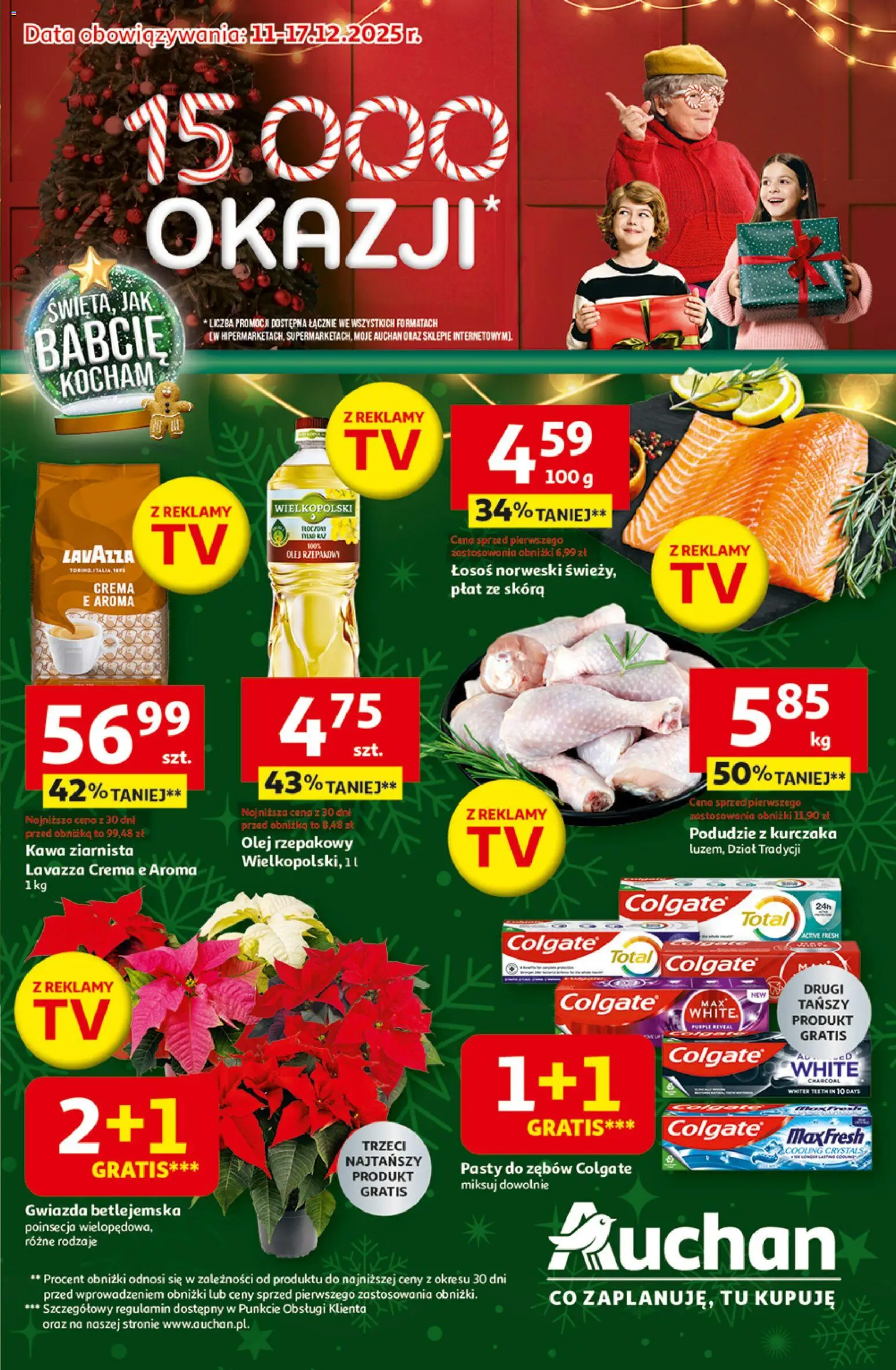 Auchan Gazetka - Święta jak babcię kocham Hipermarket od 11.12.2025 | Strona: 1 | Produkty: Podudzie z kurczaka, Kawa ziarnista, Łosoś, Łosoś norweski