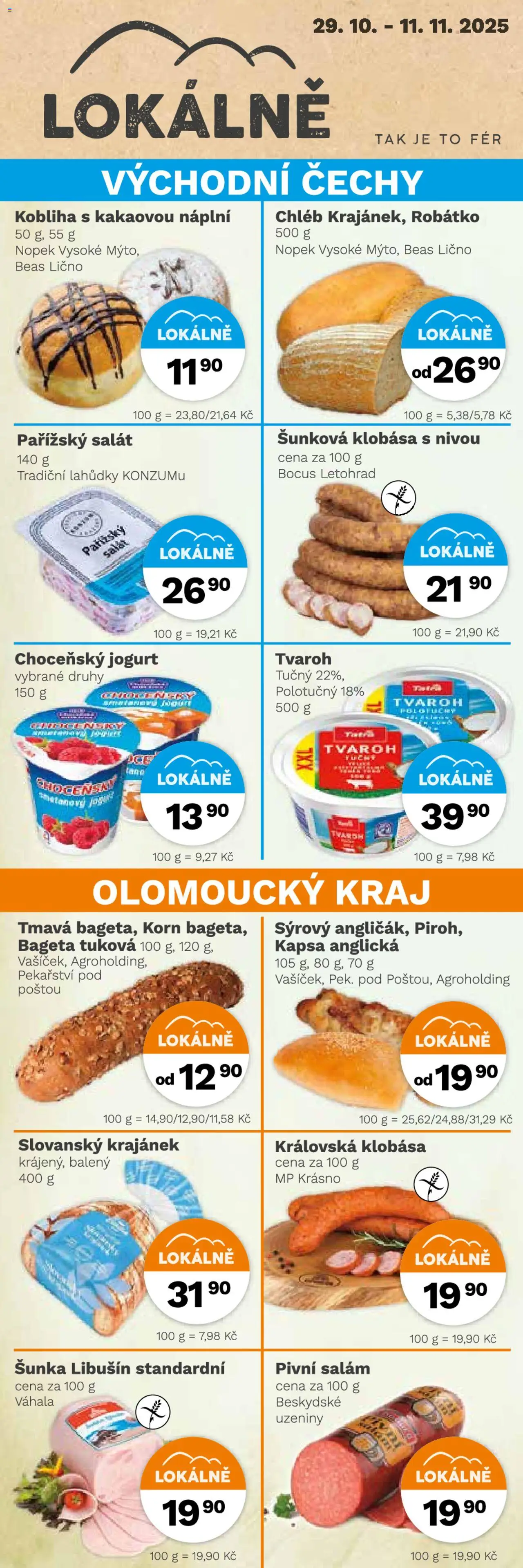Konzum leták od 29.10.2025 | Strana: 2 | Produkty: Chléb, Salát, Uzeniny, Bageta