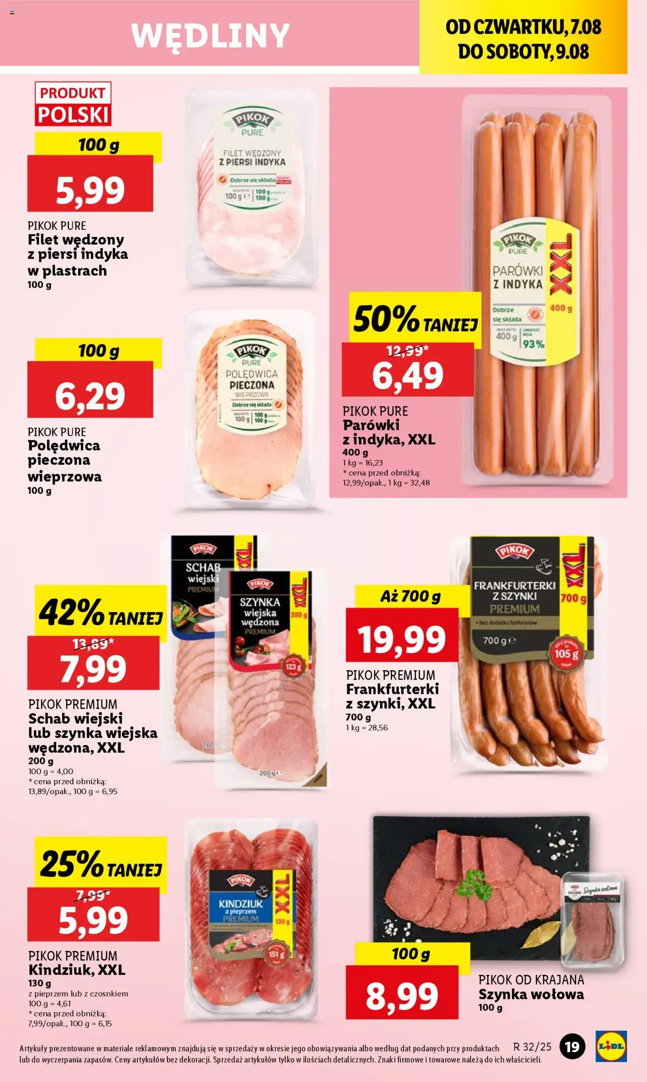 Lidl Gazetka od 07.08.2025 | Strona: 23 | Produkty: Schab, Frankfurterki, Parówki, Kindziuk