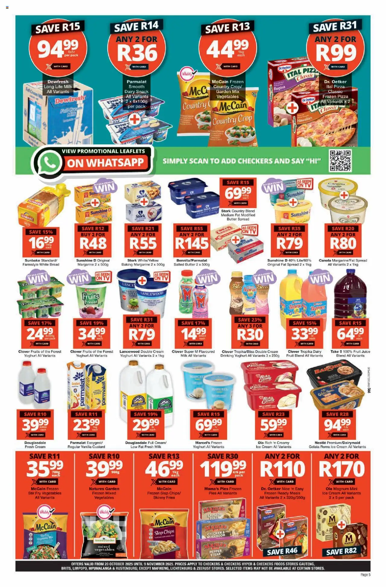 New Checkers catalogue – valid from 20.10.2025 | Page: 5 | Products: Margarine, Pizza, Chips, Ice cream