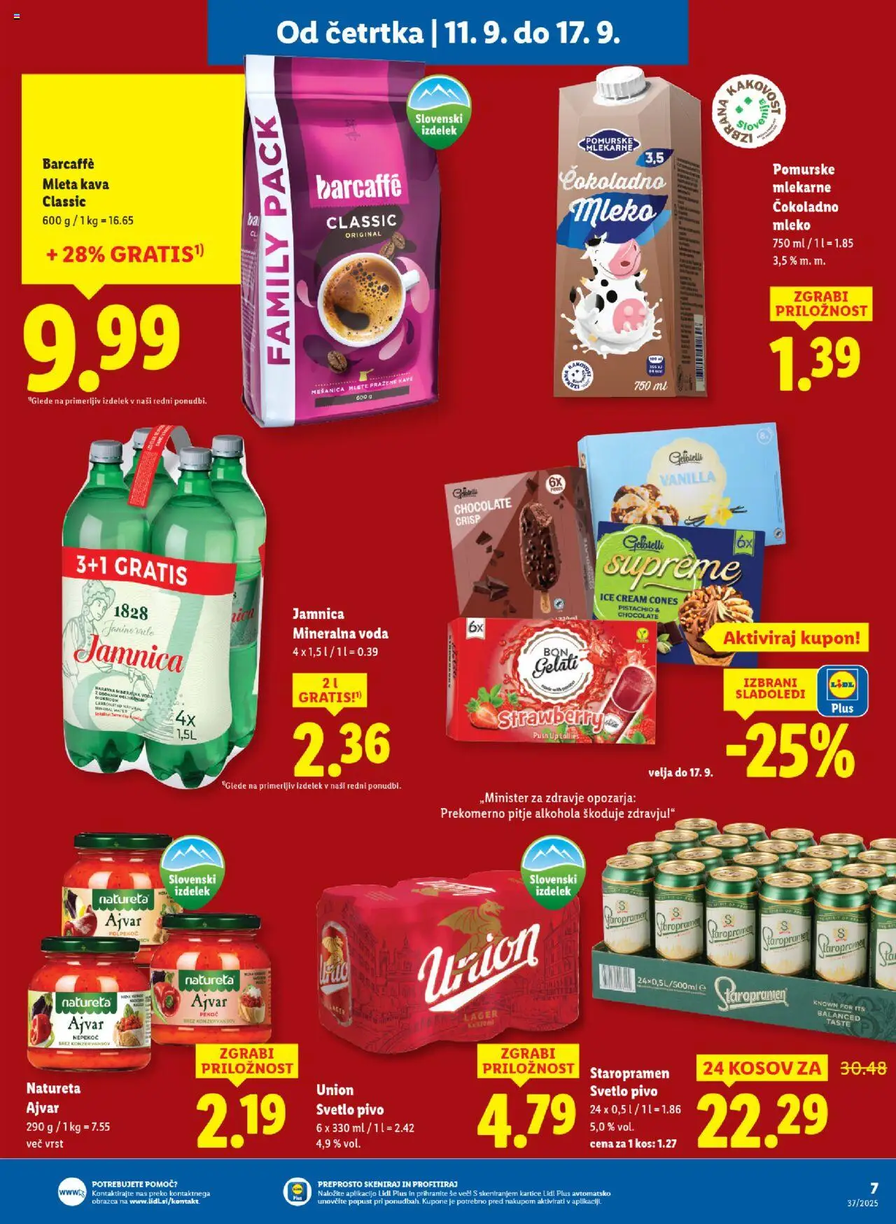 Novi Lidl katalog ponudbe – veljaven od 11.09.2025 | Stran: 7 | Izdelki: Kos, Mineralna voda, Mleko, Pivo